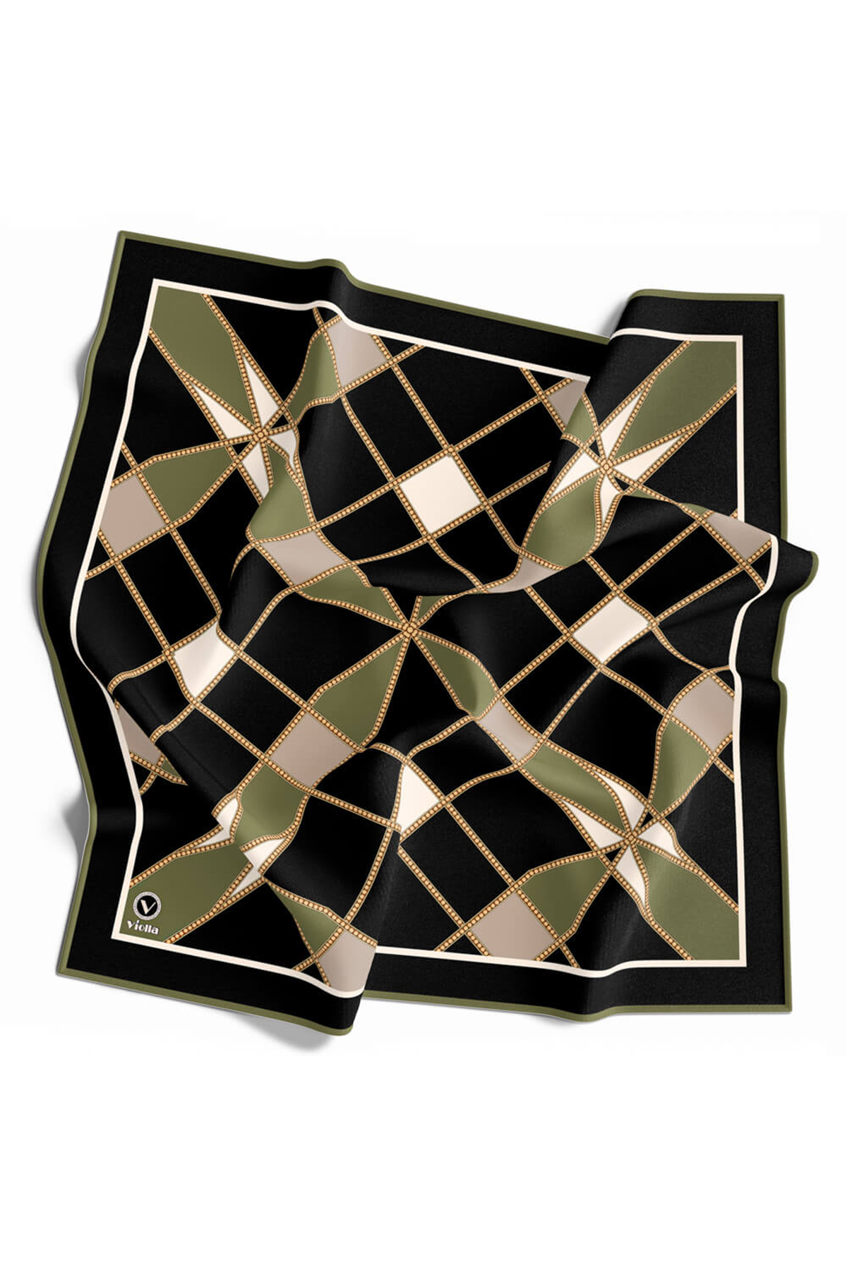 Twill Gold Detaylı Geometrik Çiçekli Desenli Haki Yeşil Renkli 90x90 Eşarp (İpek İçermez) Kenar Dikiş Şekli El Dikişli