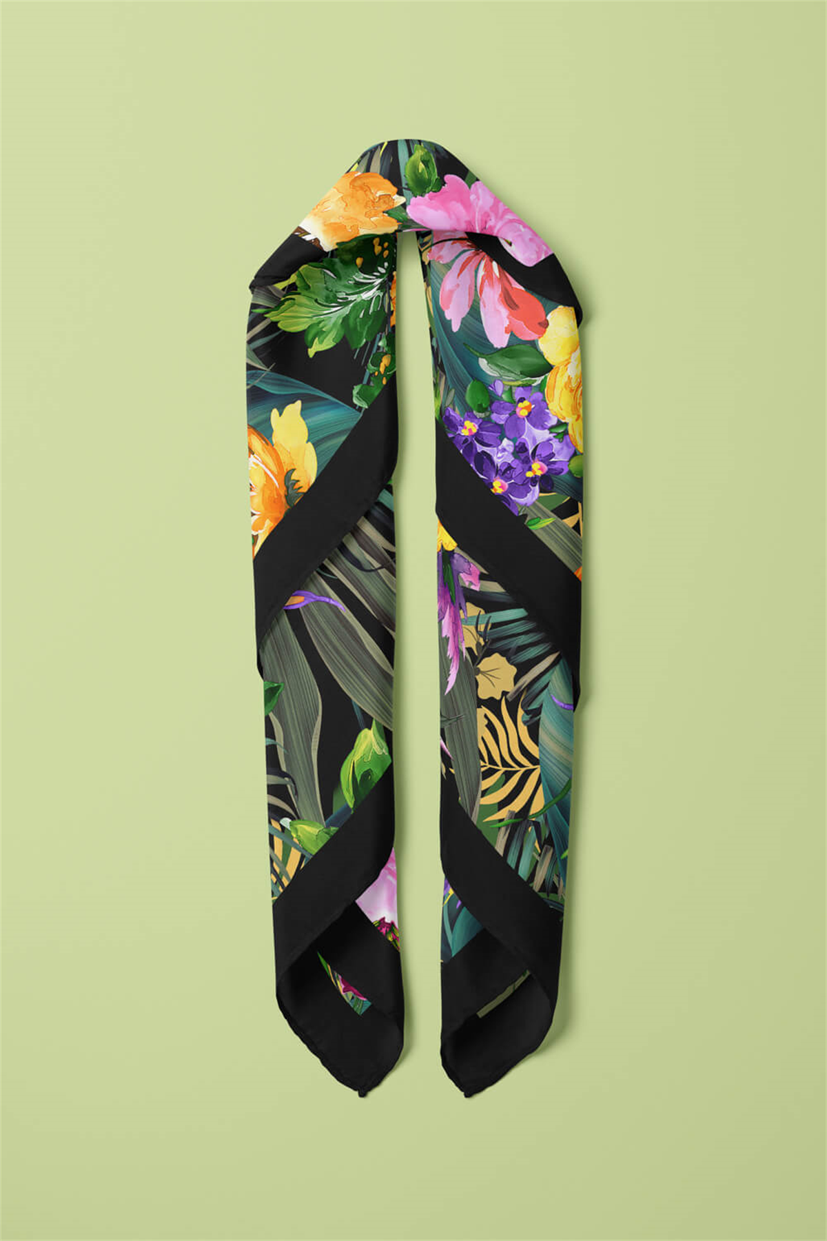 H45 Kadın Yeşil Çiçek Desenli 50x50 Bandana HYL DG01404-22