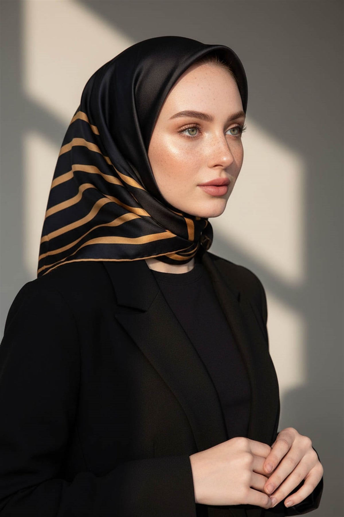 %100 Twill İpek Çizgili Desenli Siyah - Gold Renkli 90x90 Eşarp Dikim Şekli : El Dikişi