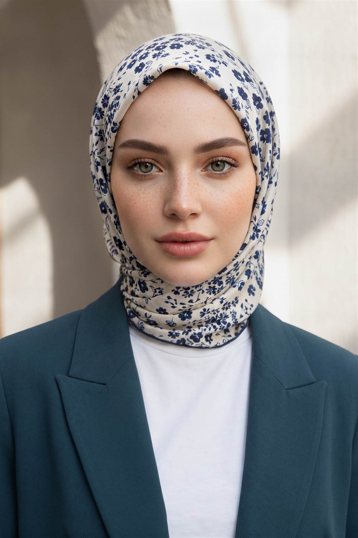 %100 Twill İpek Çıtır Çiçek Desenli Krem - Lacivert Renkli 90x90 Eşarp Dikim Şekli : El Dikişi