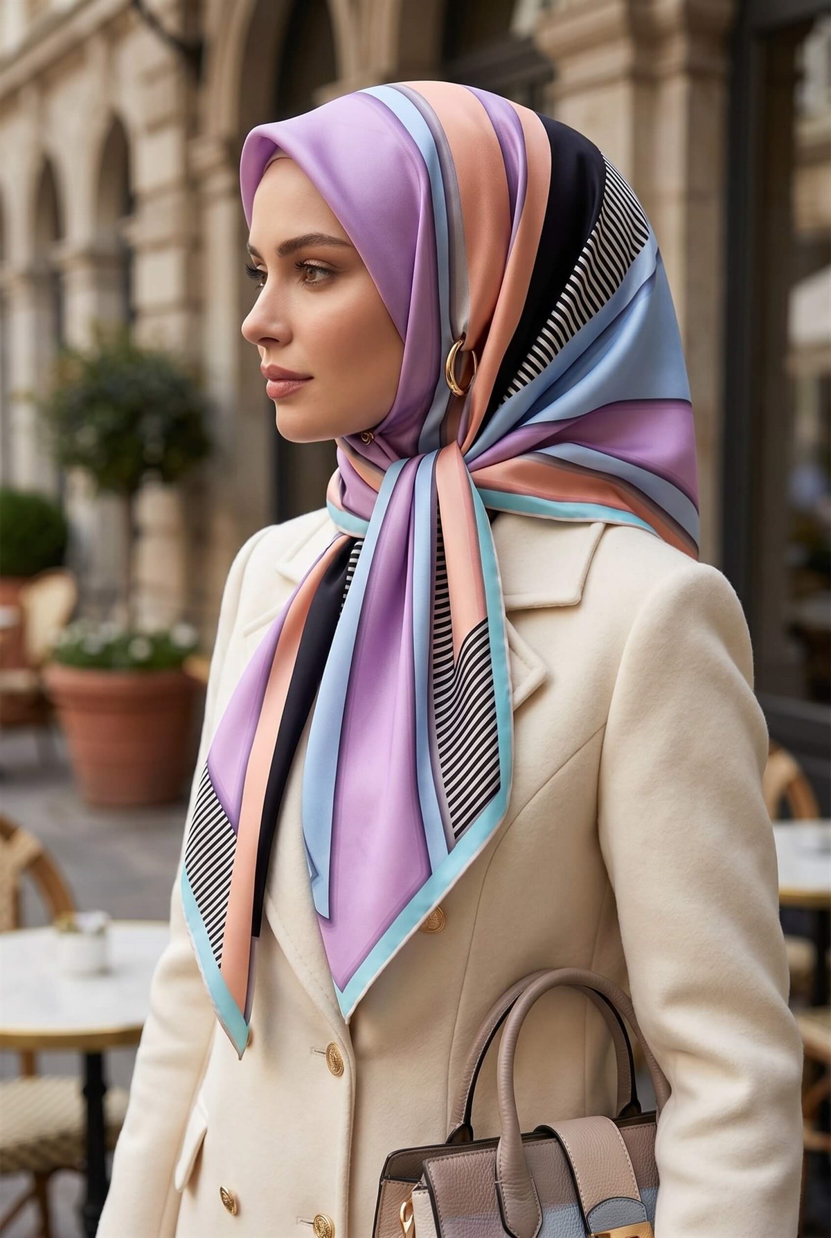%100 Twill Renk Bloklu Çizgili Desenli Pudra - Bebe Mavisi Renkli 90x90 Eşarp Dikim Şekli: El Dikişii