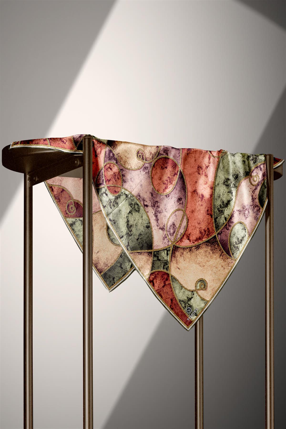 %100 Twill İpek Zincirli Mermer Desenli Haki - Bakır Renkli 90x90 Eşarp Dikim Şekli : El Dikişi