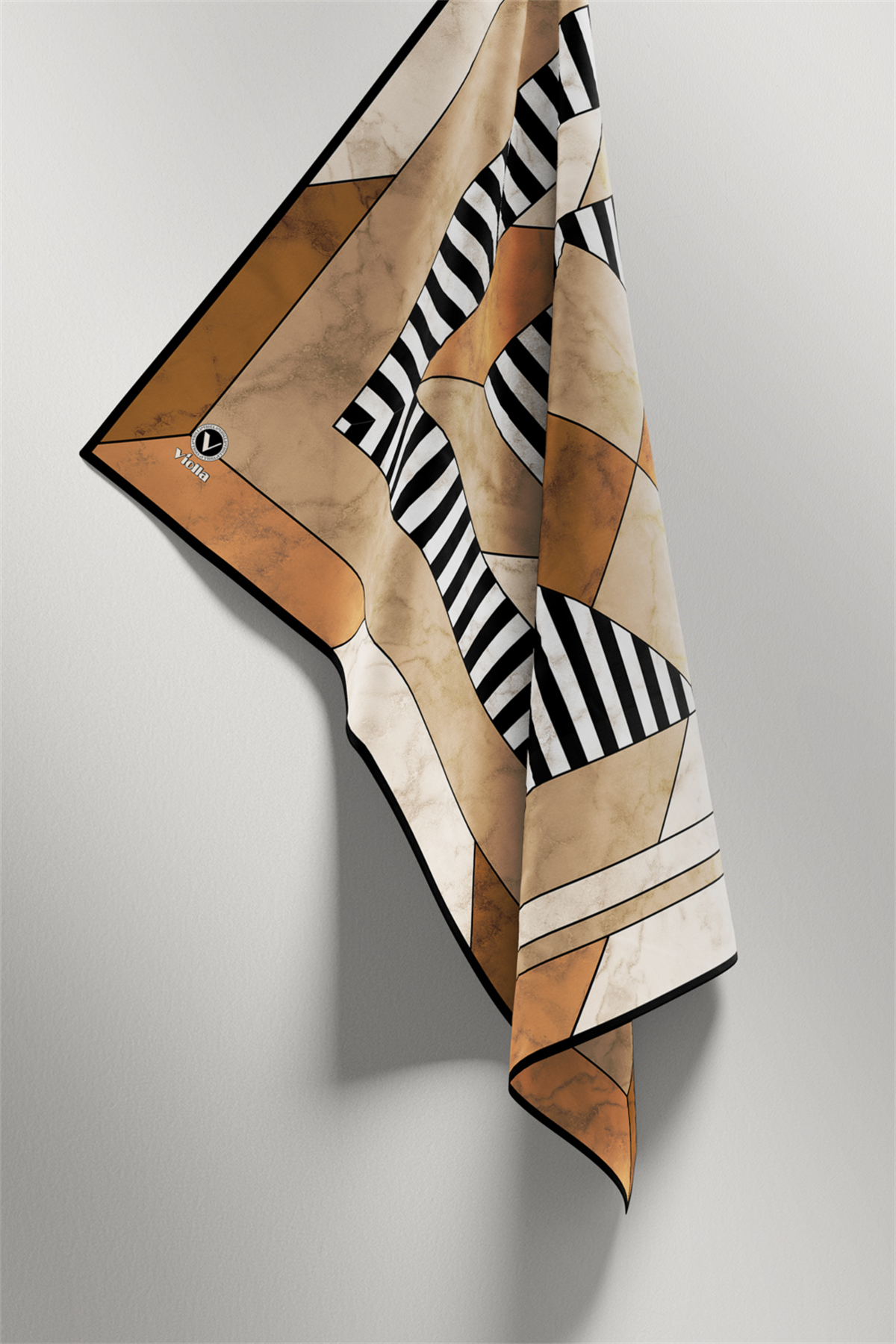 Twill Çizgili Geometrik Mermer Desenli Bakır Renkli 90x90 Eşarp (İpek İçermez) Kenar Dikiş Şekli El Dikişli