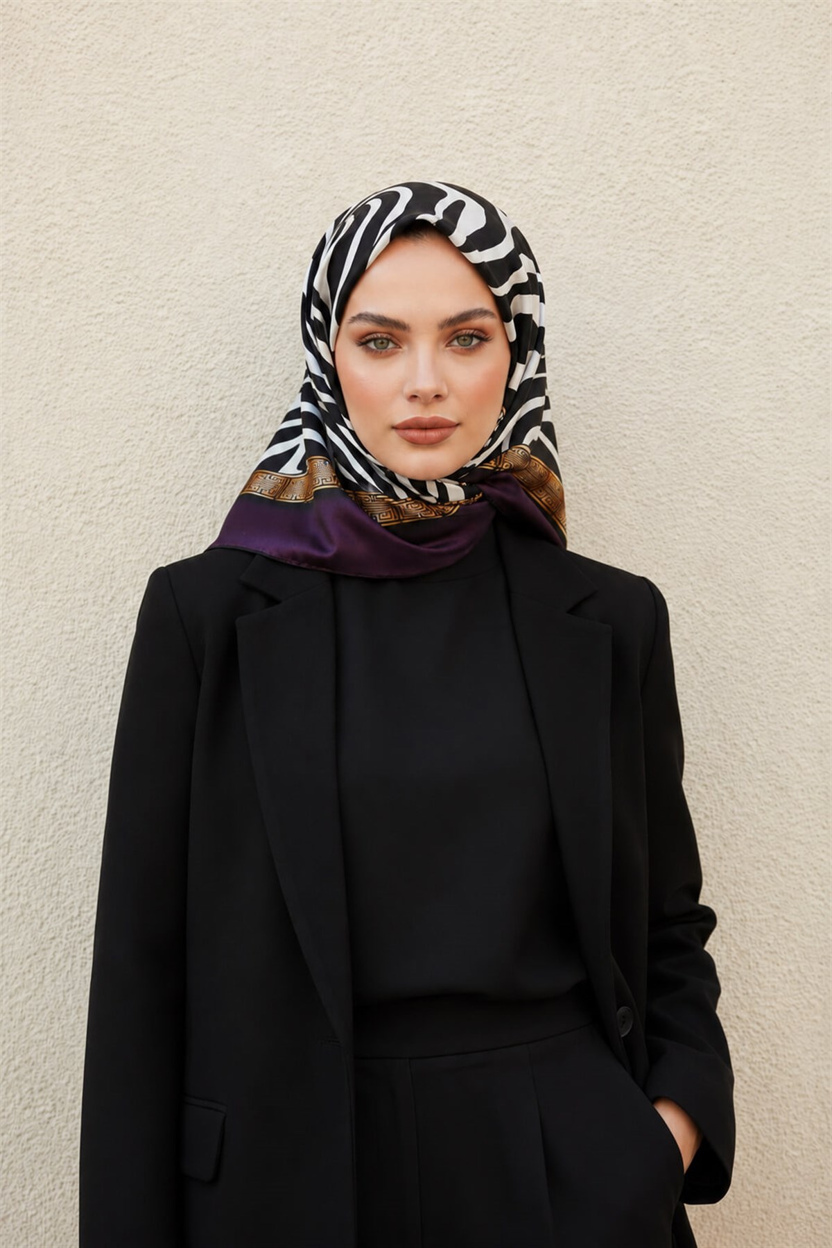 %100 Twill İpek Zebra Desenli Mürdüm - Gold Renkli 90x90 Eşarp Dikim Şekli : El Dikişi