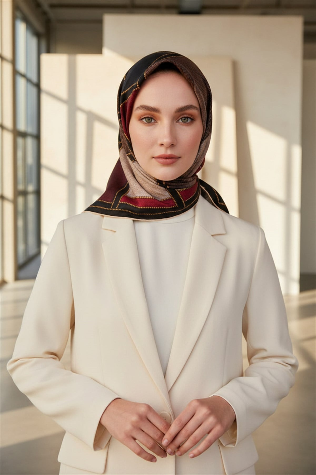 100% Twill İpek Gold Detaylı Kare Desenli Siyah - Bordo Renkli 90x90 Dikim Şekli : El Dikişi