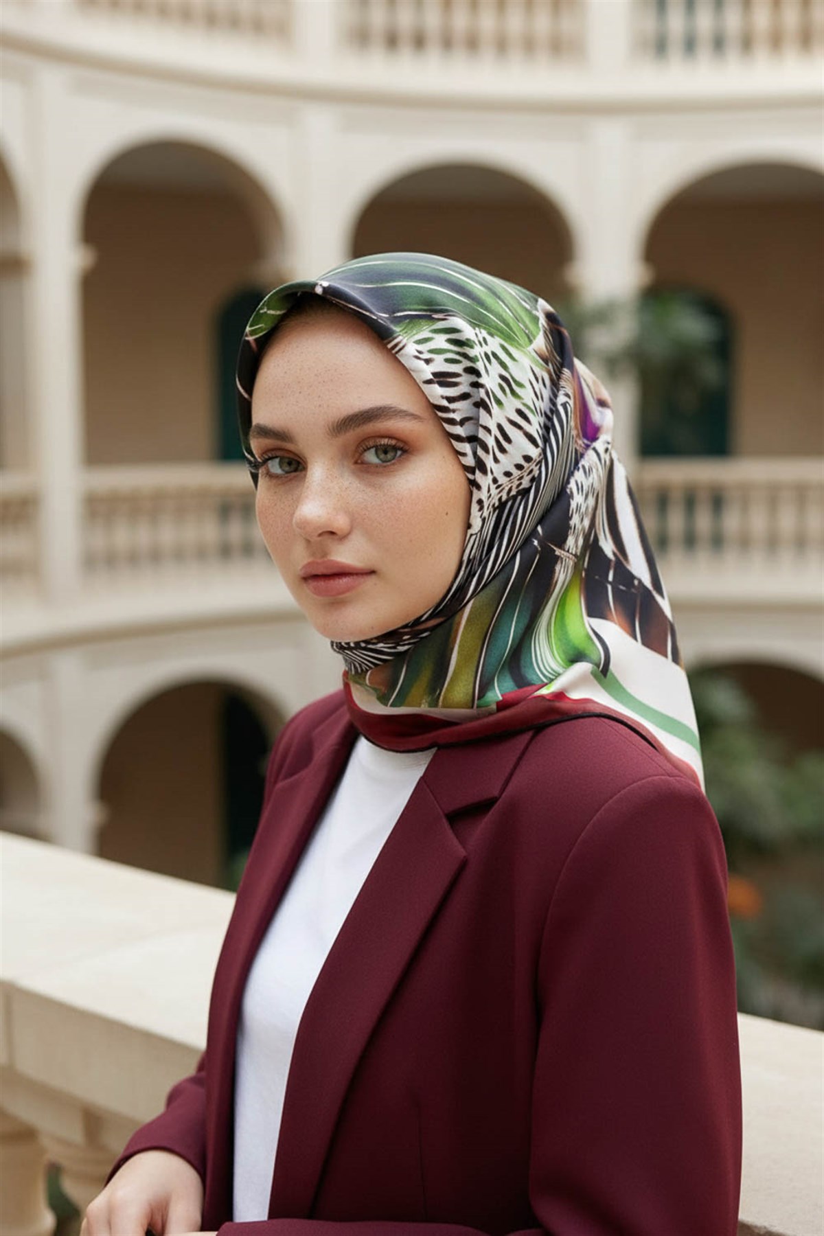 %100 Twill İpek Geometrik Desenli Bordo - Krem Renkli 90x90 Eşarp Dikim Şekli : El Dikişi