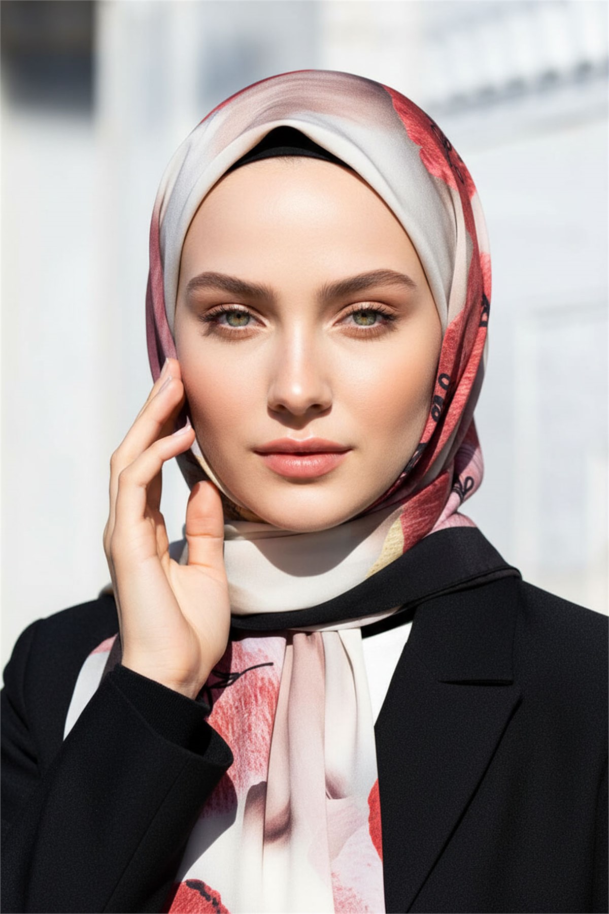 KREP FIRÇA DOKULU ÇİZGİ ÇİÇEK DESENLİ KREM - KIRMIZI RENKLİ 75X195 KIRIŞMAZ ŞAL
