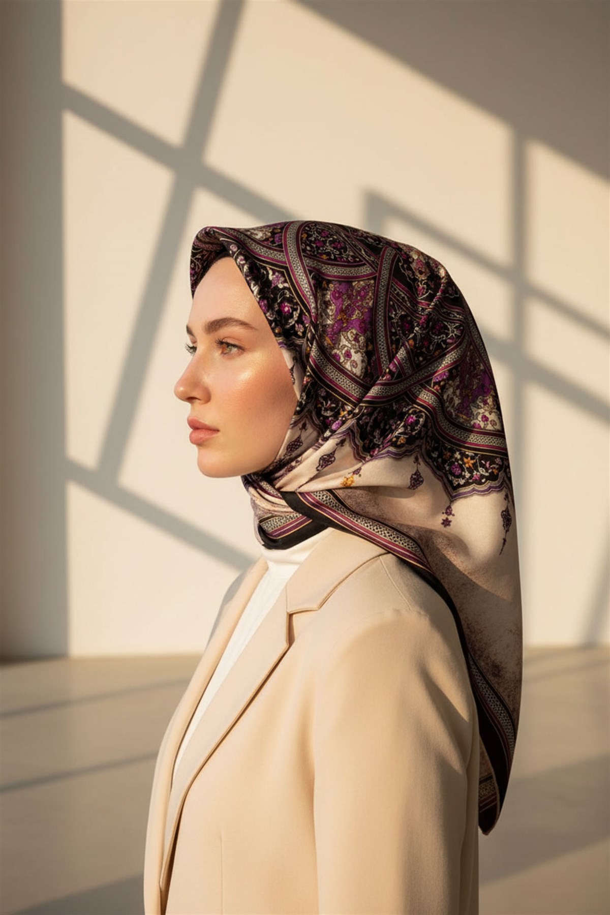 %100 Twill İpek Şal Desenli Siyah - Mürdüm Renkli 90x90 Eşarp Dikim Şekli : El Dikişi