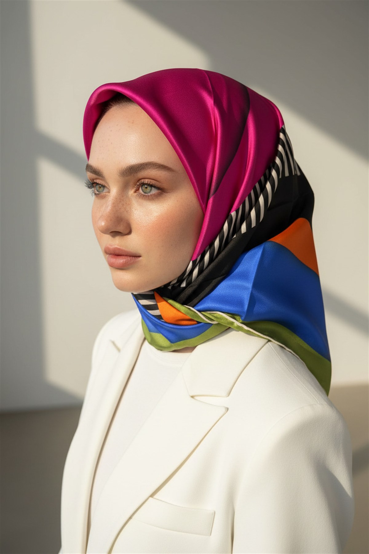 %100 Twill Renk Bloklu Çizgili Desenli Fuşya - Saks Renkli 90x90 Eşarp Dikim Şekli: El Dikişii