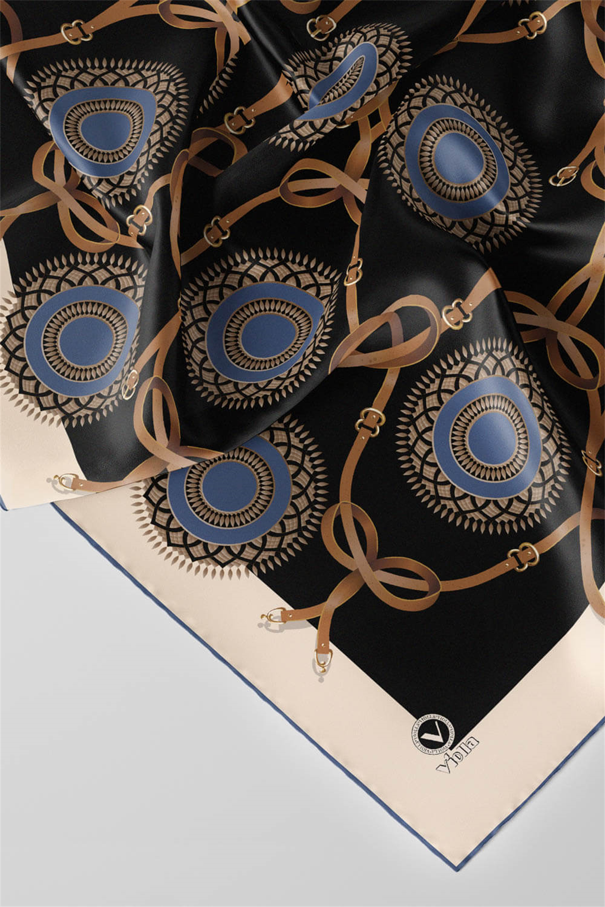 Twill Kemerli Ve Geometrik Desenli İndigo Renkli 90x90 Eşarp (İpek İçermez) Kenar Dikiş Şekli El Dikişli