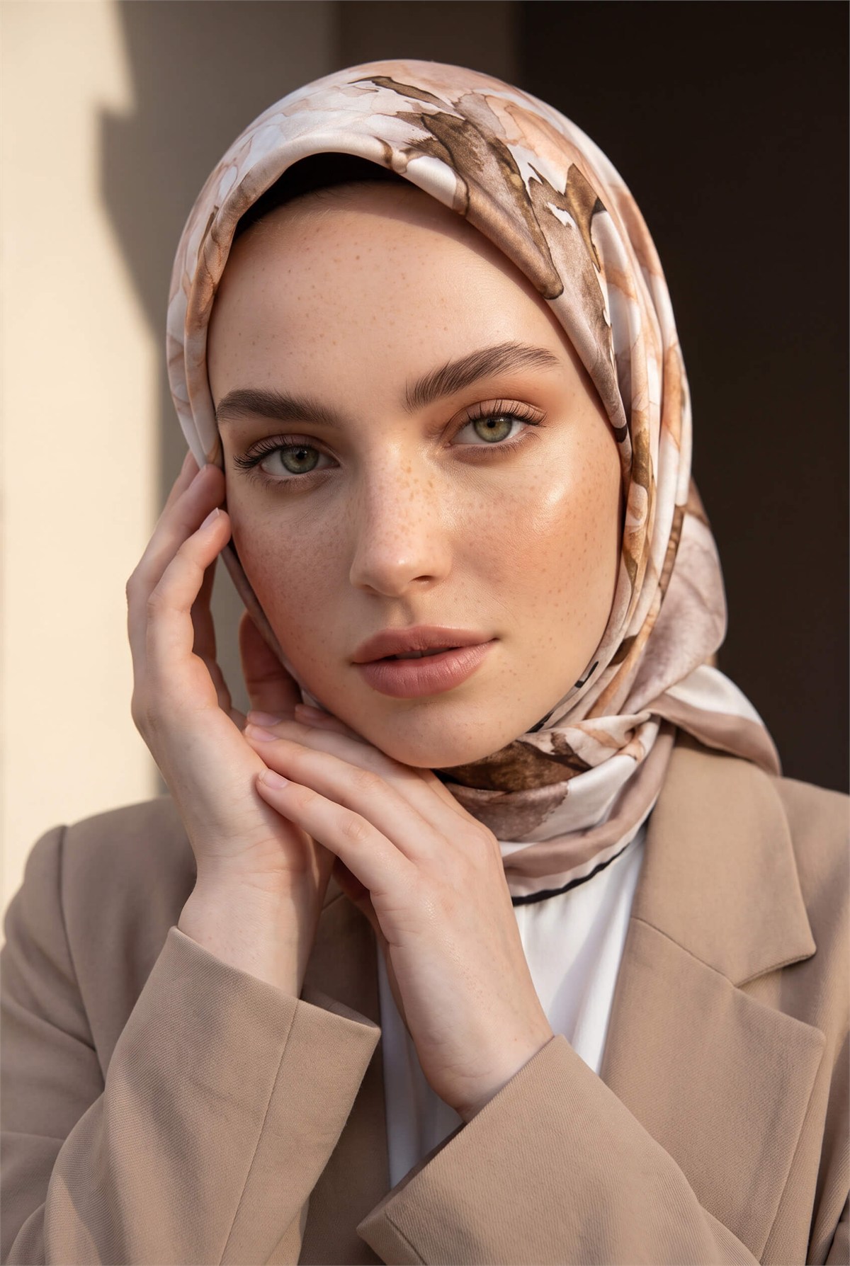 Rayon Çiçek Desenli Taş Renkli 90x90 Eşarp (İpek İçermez) Kenar Dikiş Şekli El Dikişli