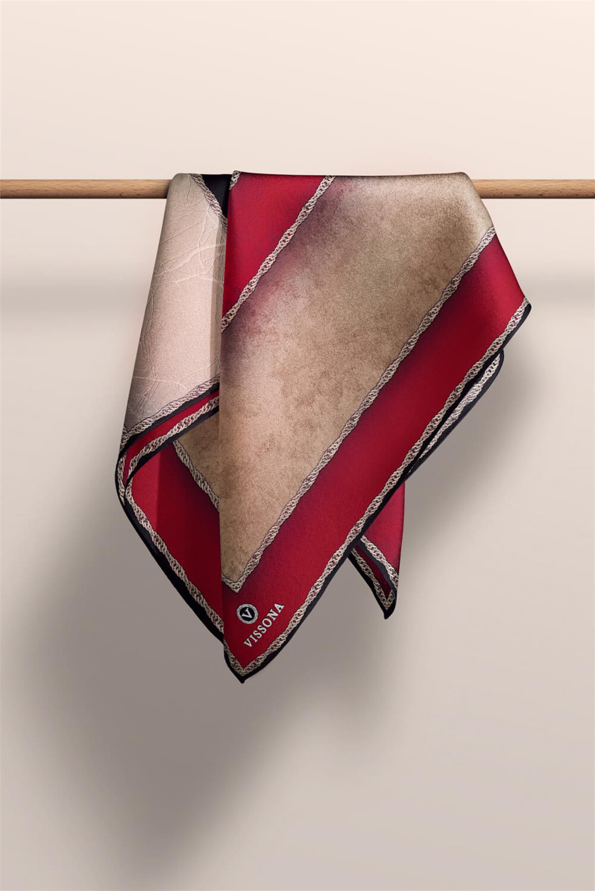 %100 Twill İpek Dokulu Geometrik Desenli Bordo - Siyah Renkli 90x90 Eşarp Dikim Şekli : El Dikişi