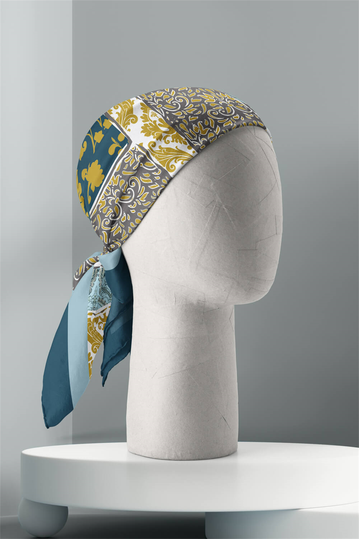 D55 Kadın Hardal Açık Mavi Field Desenli 50x50 Bandana