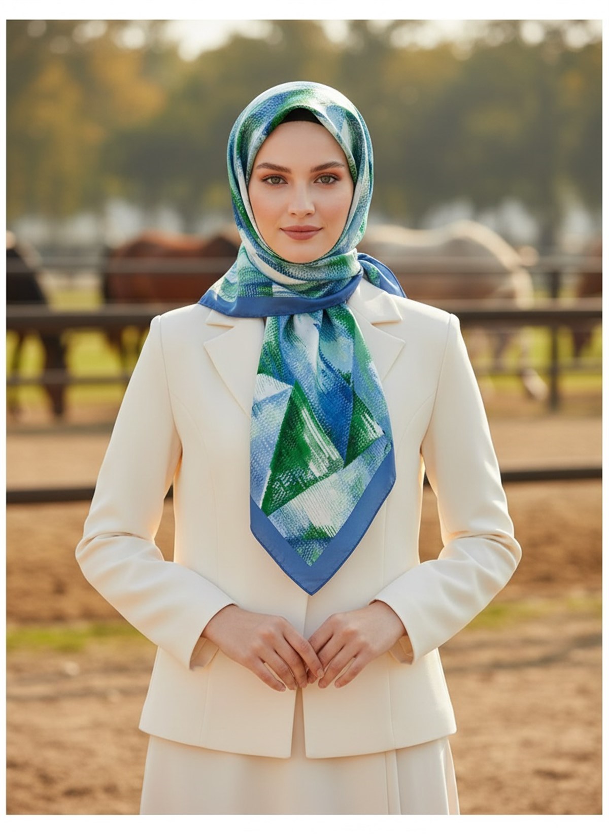 %100 Twill İpek Efektli ve Geometrik Desenli Fıstık Yeşili - Saks Renkli 90x90 Eşarp Dikim Şekli : El Dikişi