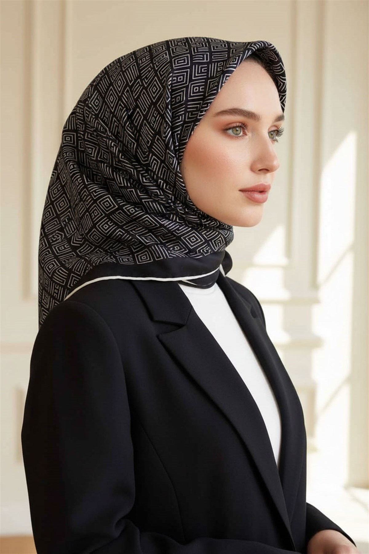 100% Twill İpek Etnik Motif Desenli Siyah - Krem Renkli 90x90 Dikim Şekli : El Dikişi Eşarp