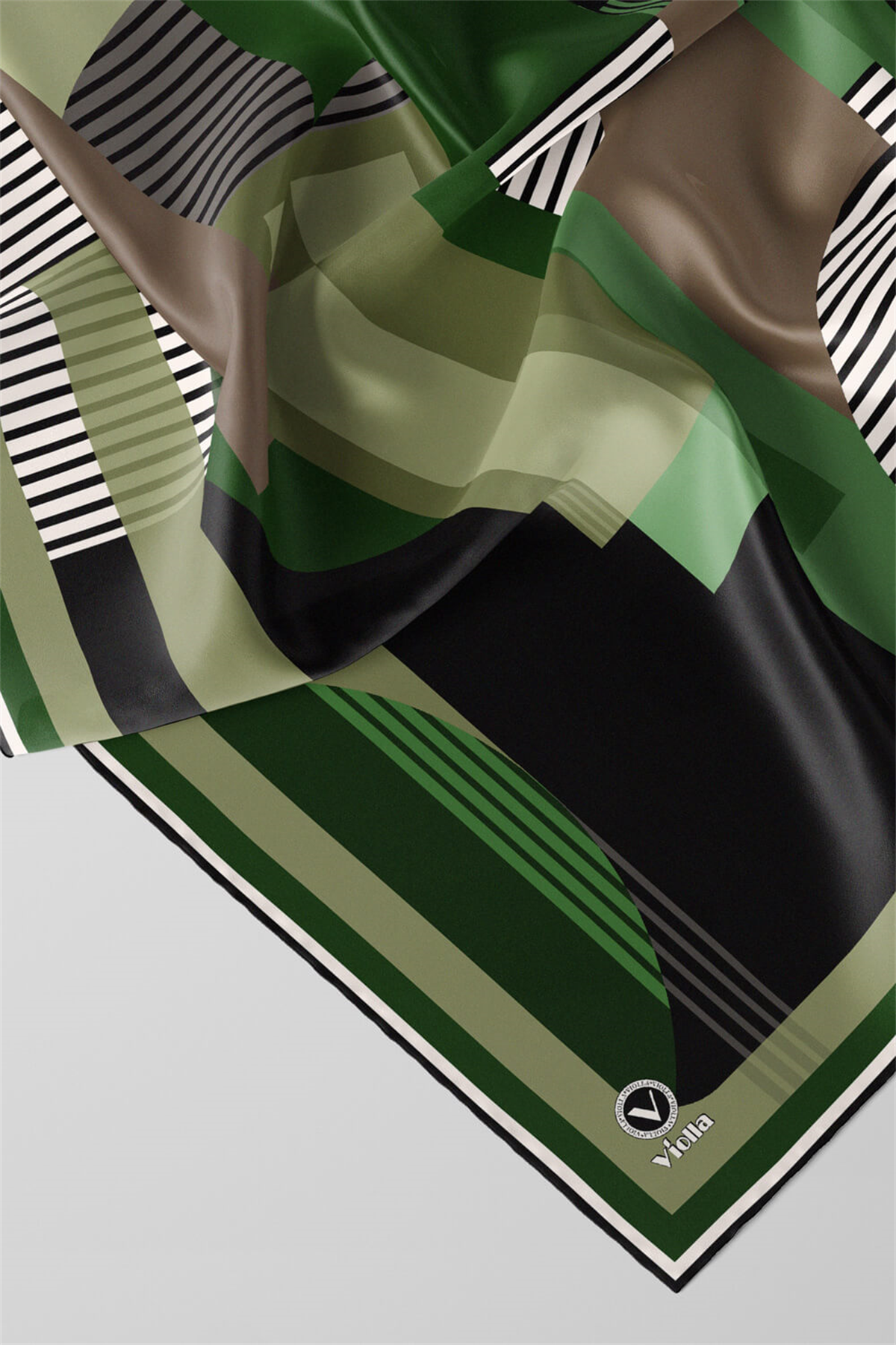 Twill Çizgili Ve Geometrik Desenli Zümrüt Yeşili Renkli 90x90 Eşarp (İpek İçermez) Kenar Dikiş Şekli El Dikişli
