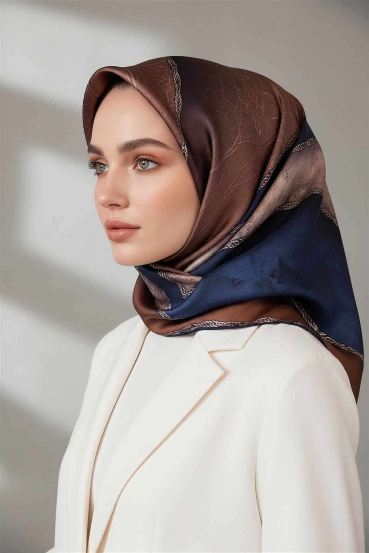 %100 Twill İpek Dokulu Geometrik Desenli Kahverengi - Lacivert Renkli 90x90 Eşarp Dikim Şekli : El Dikişi