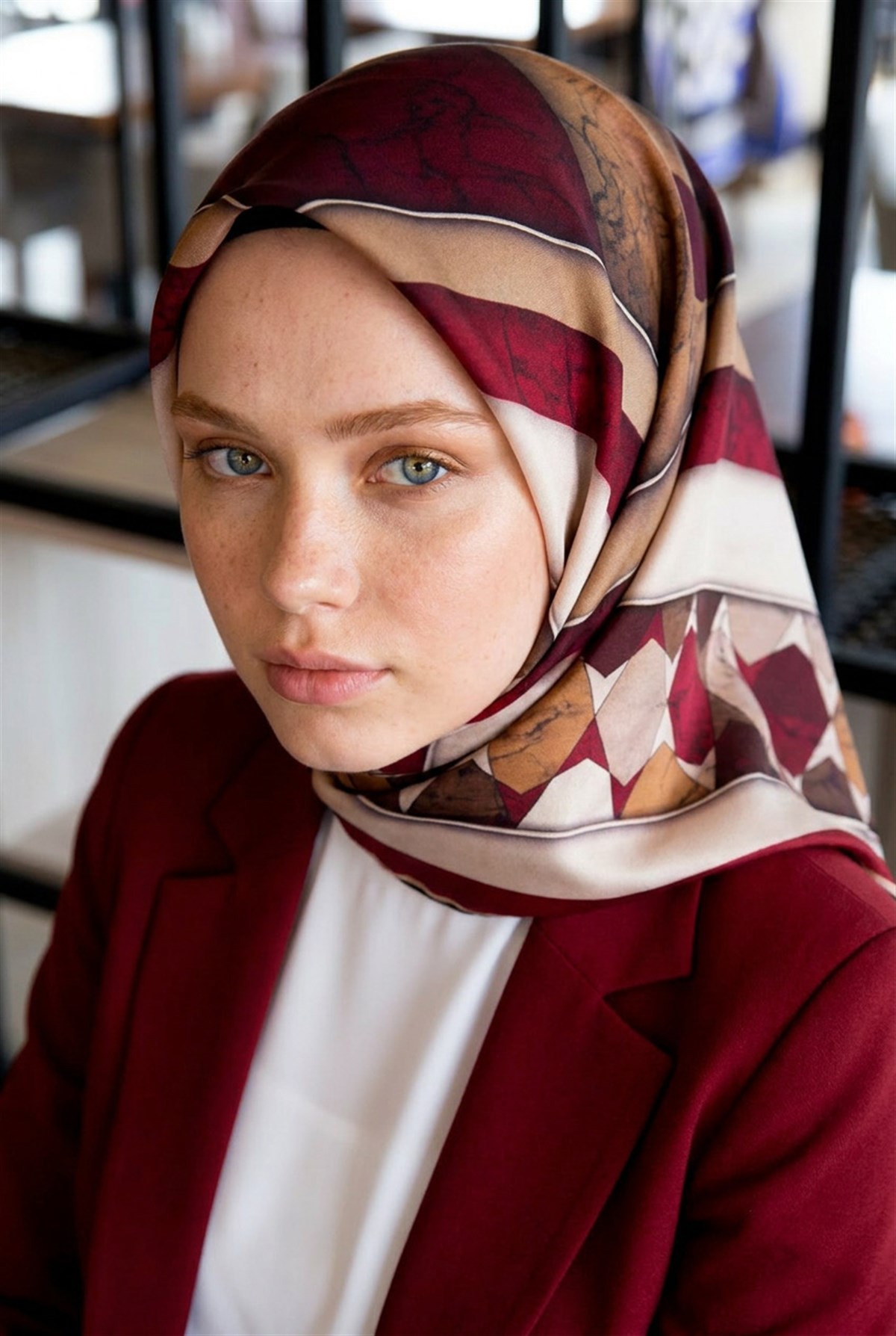 %100 Twill İpek Mermer Efektrli Geometrik Desenli Bordo - Gold Renkli 90x90 Eşarp Dikim Şekli : El Dikişi