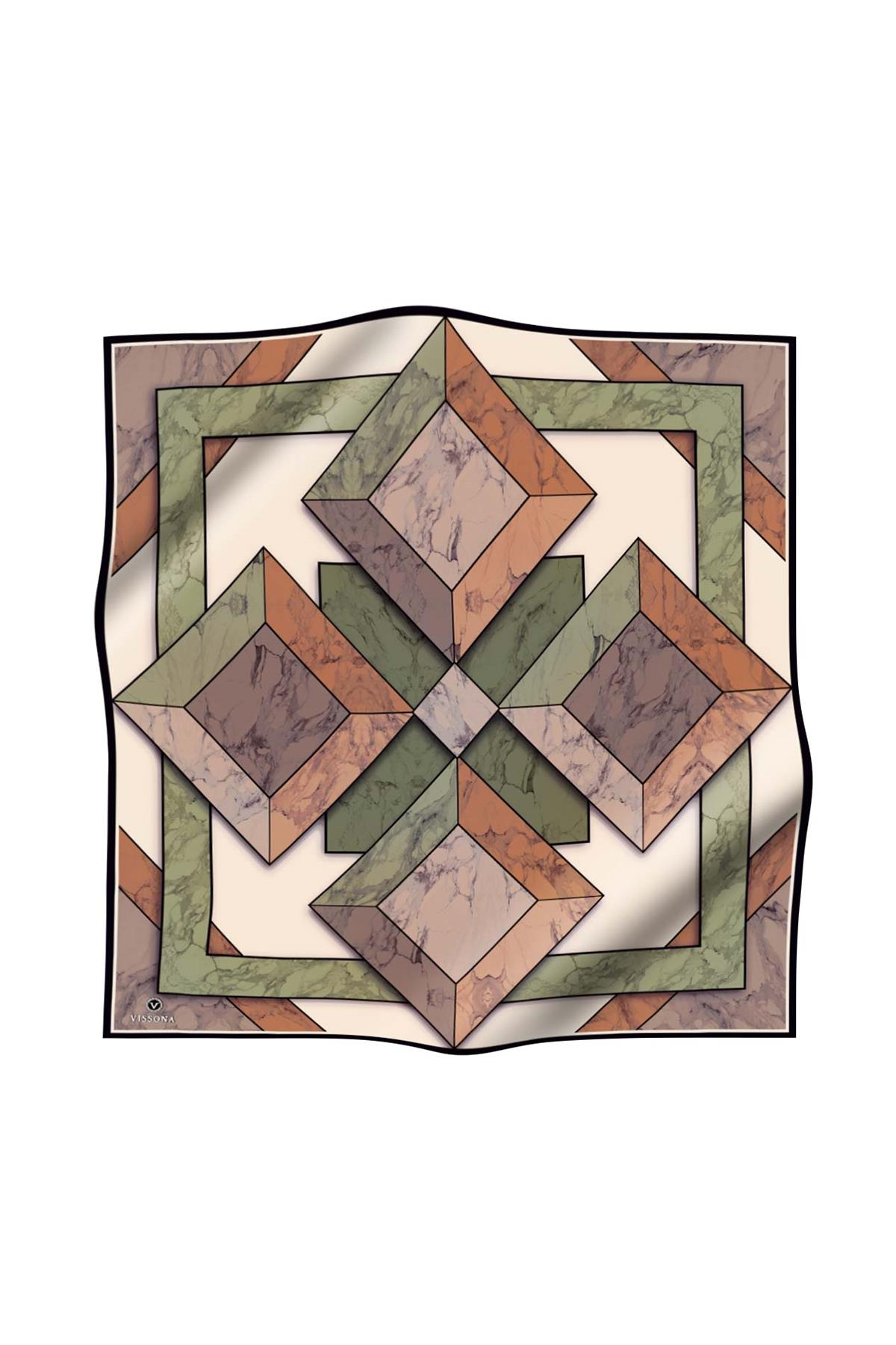 %100 Twill İpek Mermer Desenli Bakır - Haki Renkli 90x90 Eşarp Dikim Şekli : El Dikişi