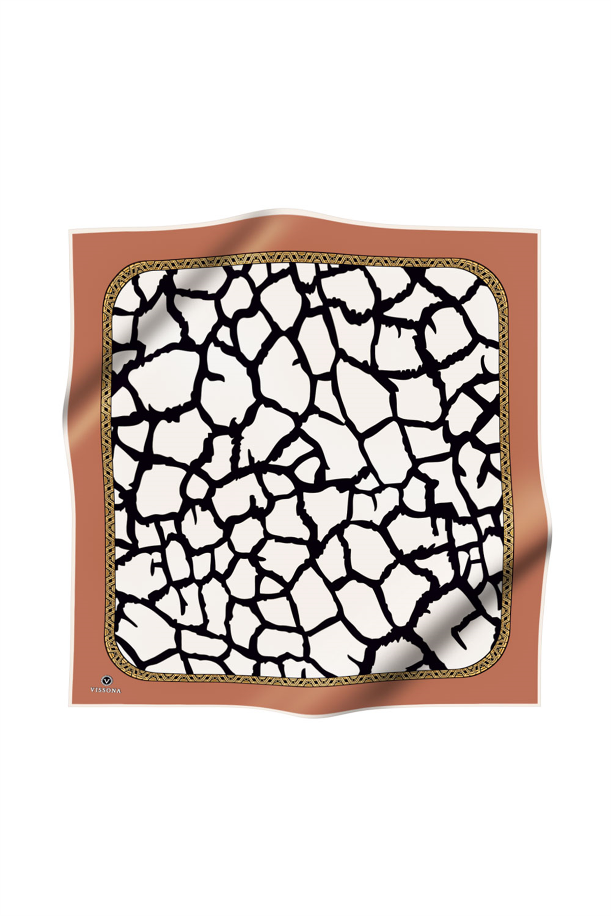 %100 Twill Taş Desenli Bakır - Krem Renkli 90x90 Eşarp Dikim Şekli: El Dikişi