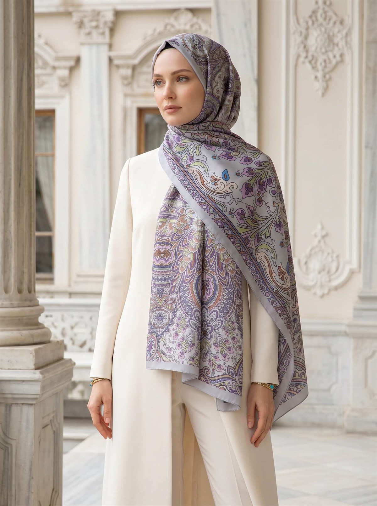 %100 Saf İpek Şal İnce Saten Vual Dokuma Etnik Desenli Gri - Taba Renkli 90x210 Şal