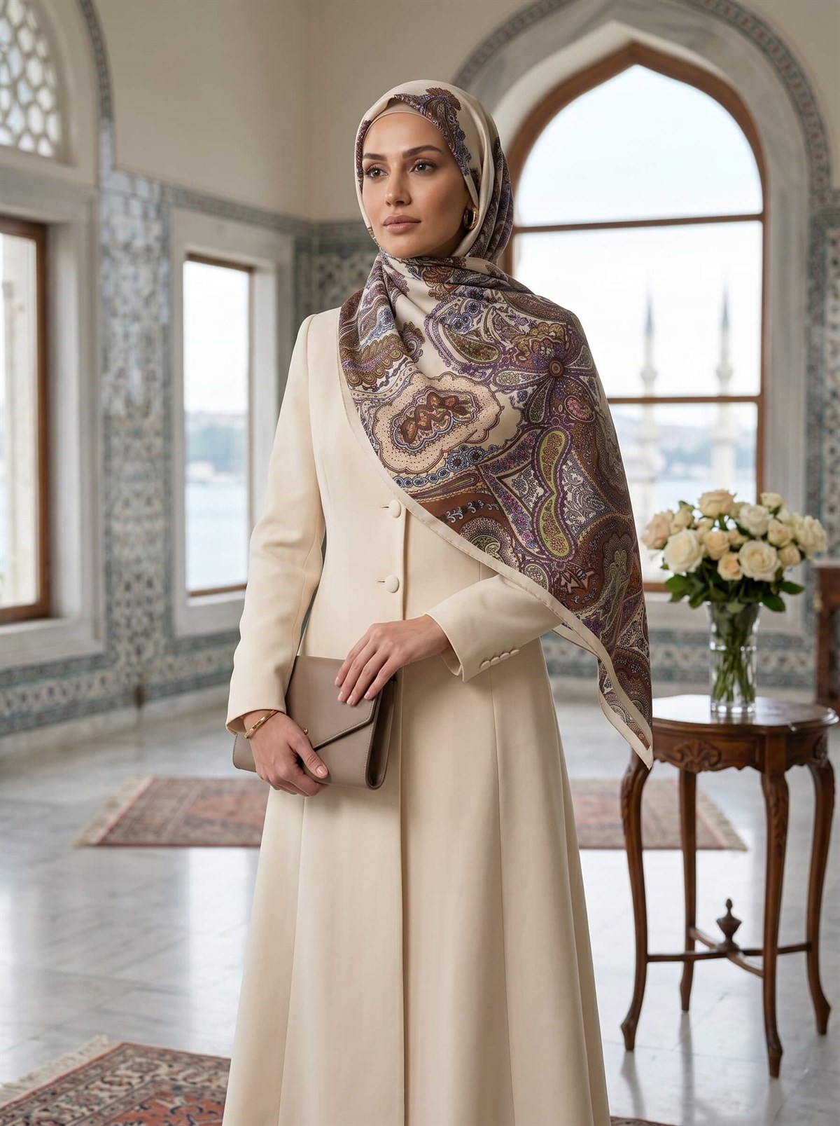 100% İpek Etro Desenli Krem - Taba Renkli 92x210 Şal