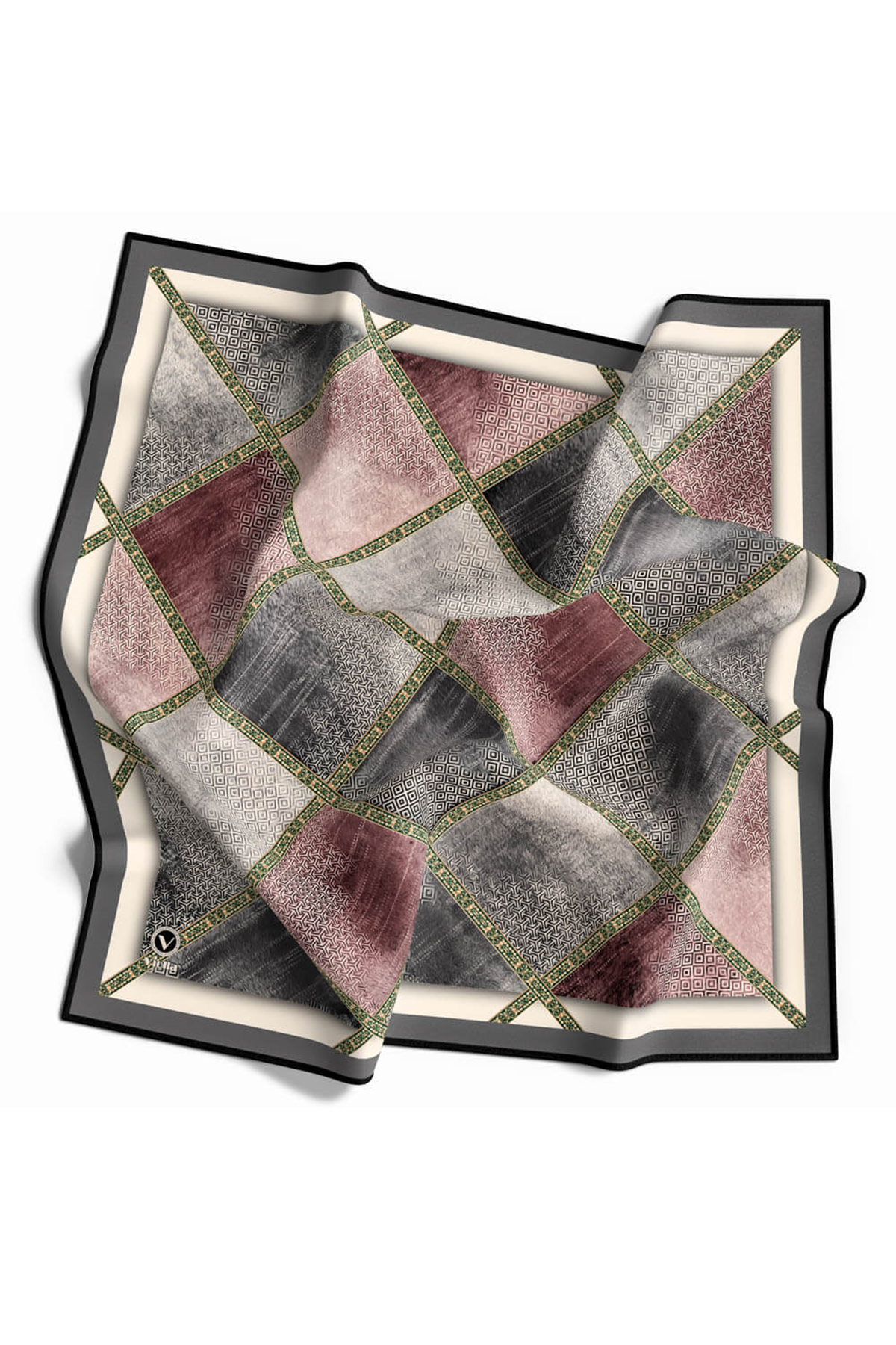 Twill Geometrik Desenli Pudra Renkli 90x90 Eşarp (İpek İçermez) Kenar Dikiş Şekli El Dikişli