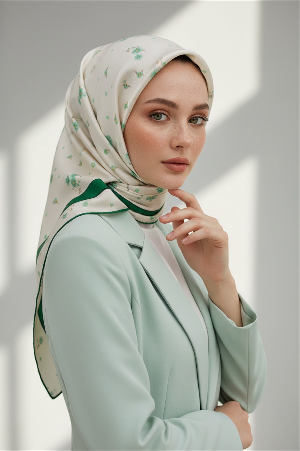100% Twill İpek Bordürlü Çıtır Çiçek Desenli Zümrüt Yeşili Renkli 90x90 Dikim Şekli : El Dikişi Eşarp