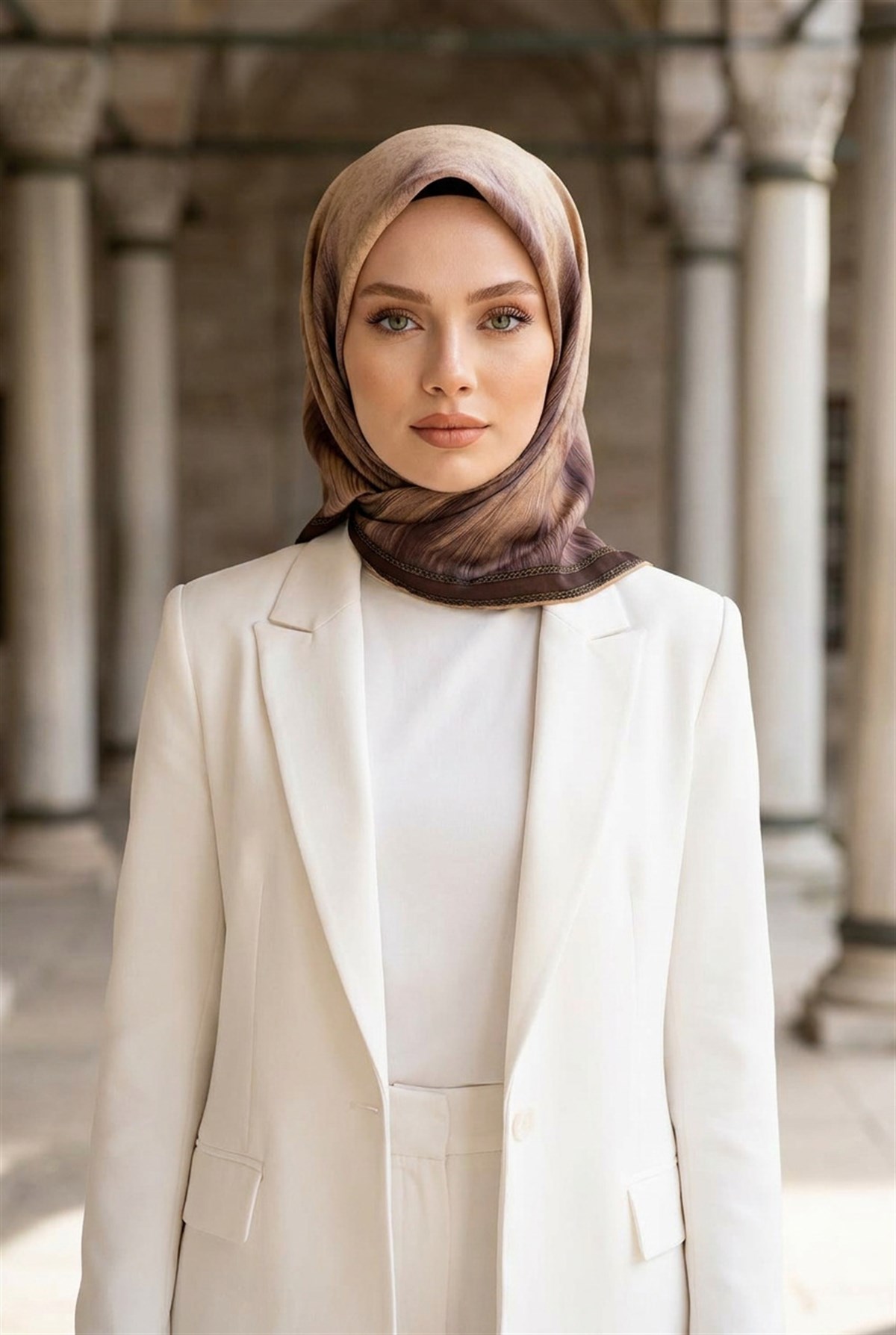 100% Twill İpek Monogram Desenli Bej Renkli 90x90 Dikim Şekli : El Dikişi Eşarp
