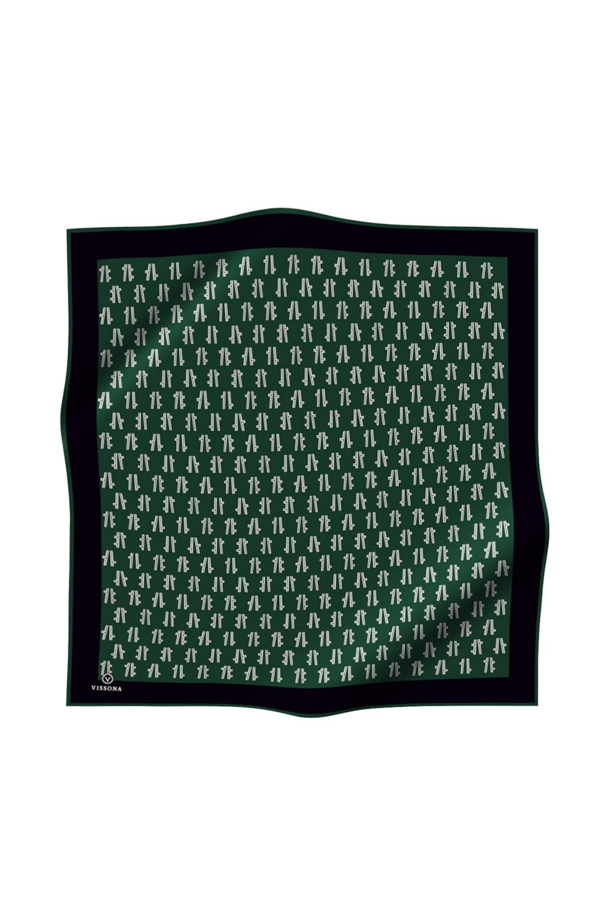 %100 Twill İpek Geometrik Desenli Zümrüt Yeşili Renkli 90x90 Eşarp Dikim Şekli : El Dikişi