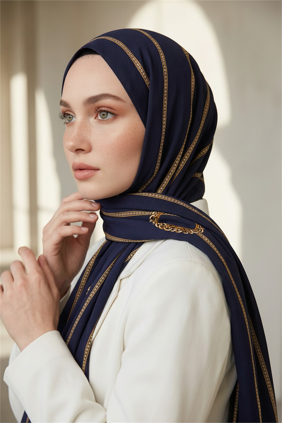 KREP ZİNCİR DESENLİ LACİVERT RENKLİ 75X195 KIRIŞMAZ ŞAL
