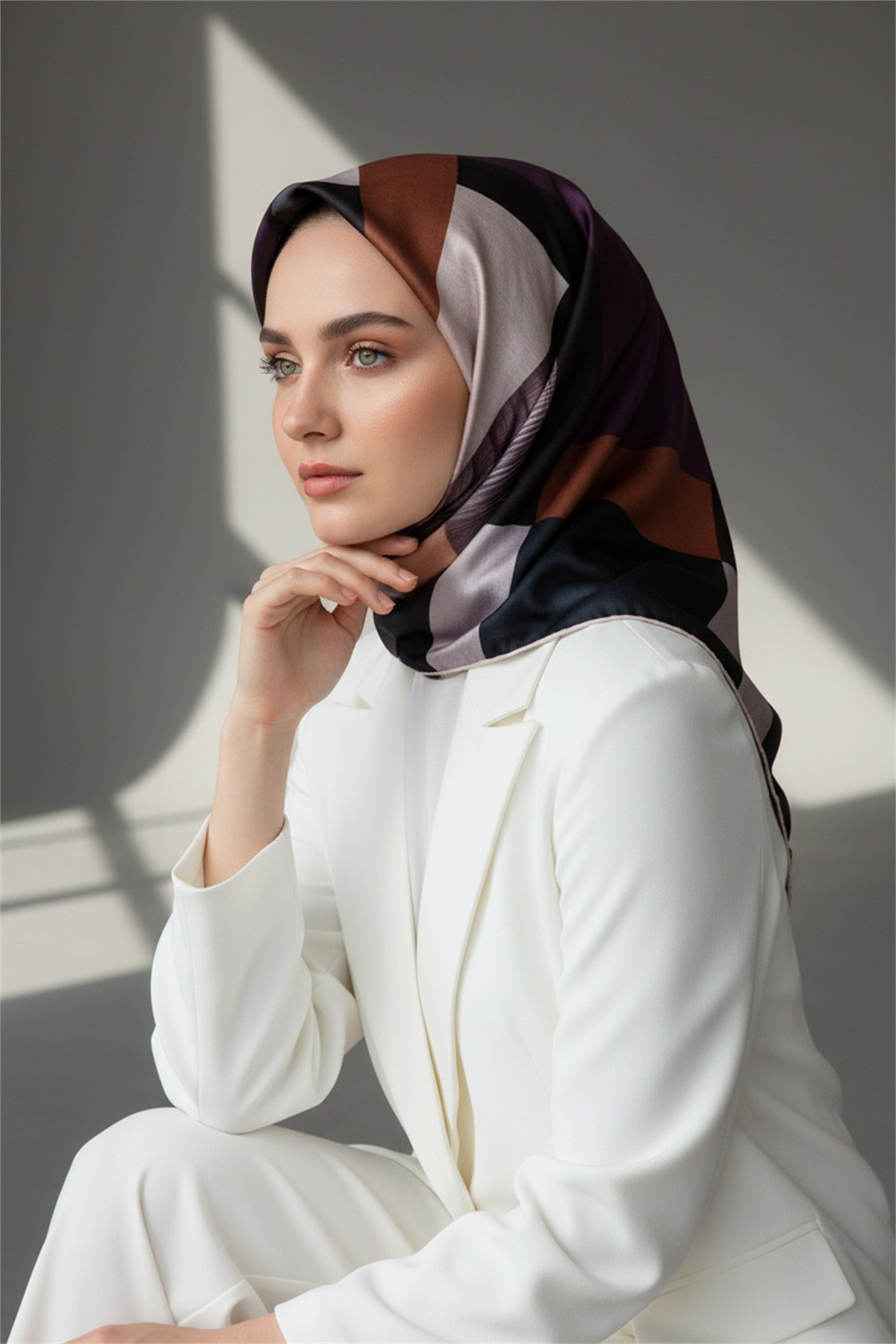 Twill Geometrik Desenli Lila Renkli 90x90 Eşarp (İpek İçermez) Kenar Dikiş Şekli El Dikişli