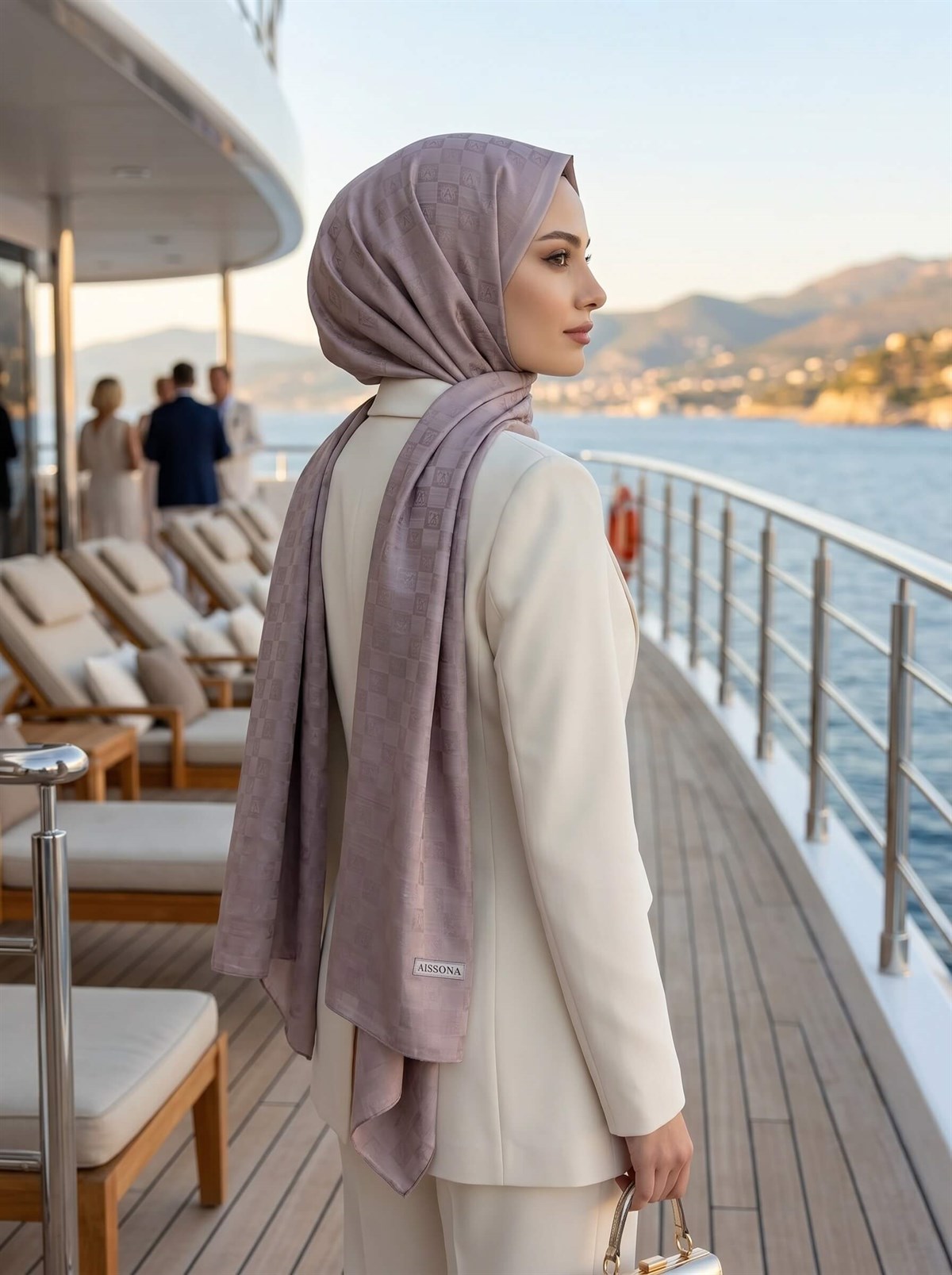 %57 İpek %43 Pamuk Monogram Dokumalı Vizon Renkli 70X190 Yumuşak Dökümlü Şal