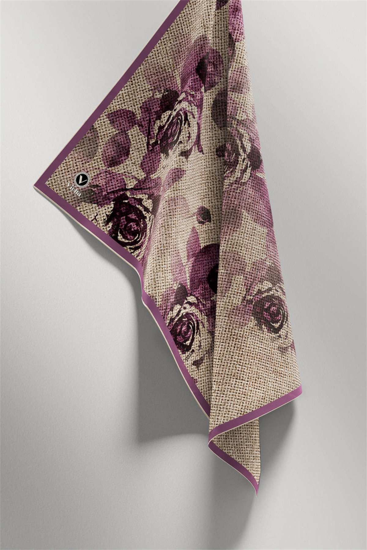 Twill Gül Desenli Mürdüm Renkli 90x90 Eşarp (İpek İçermez) Kenar Dikiş Şekli El Dikişli