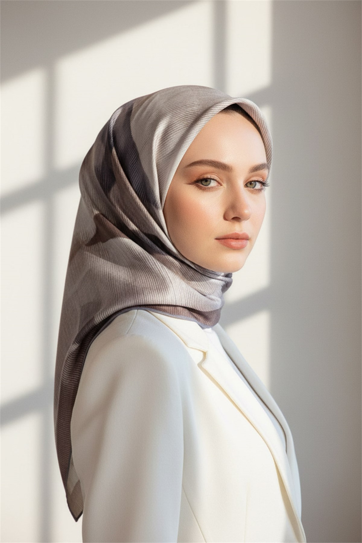 %100 Twill İpek Yaprak Desenl Gri - Bej Renkli 90x90 Eşarp Dikim Şekli : El Dikişi