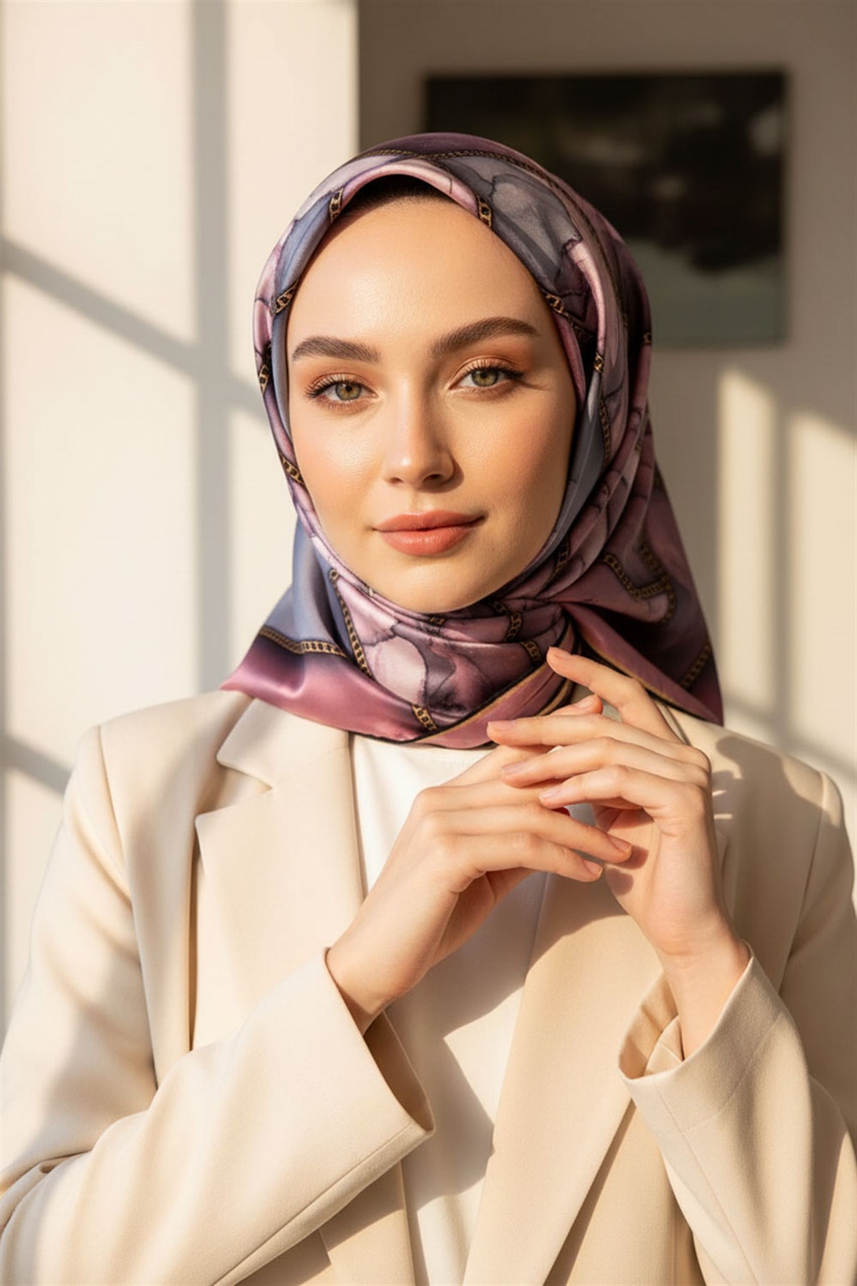 % 57 İPEK % 43 VİSKON Twill İpek Efektli Bant Desenli Lila - Gri Renkli 90x90 Eşarp Dikim Şekli : El Dikişi