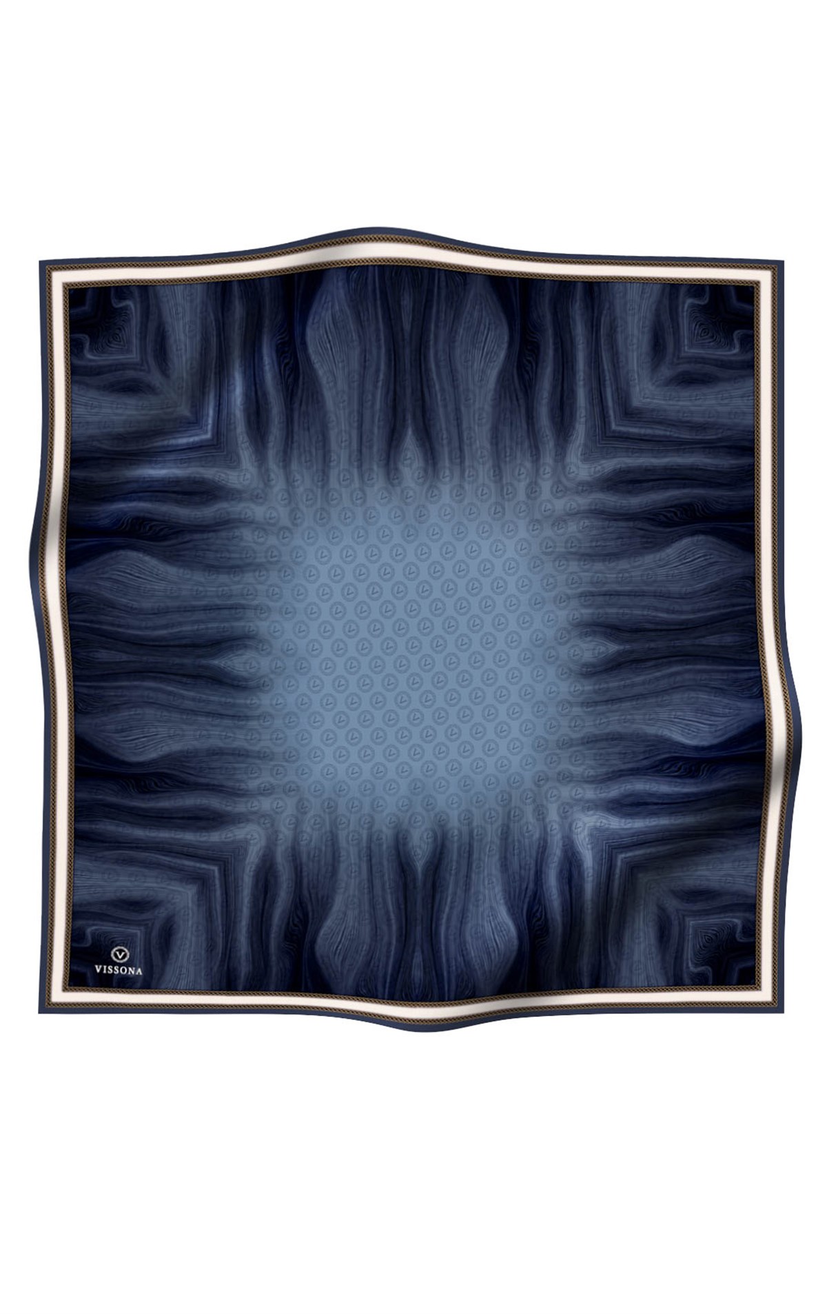 100% Twill İpek Monogram Desenli İndigo Renkli 90x90 Dikim Şekli : El Dikişi Eşarp