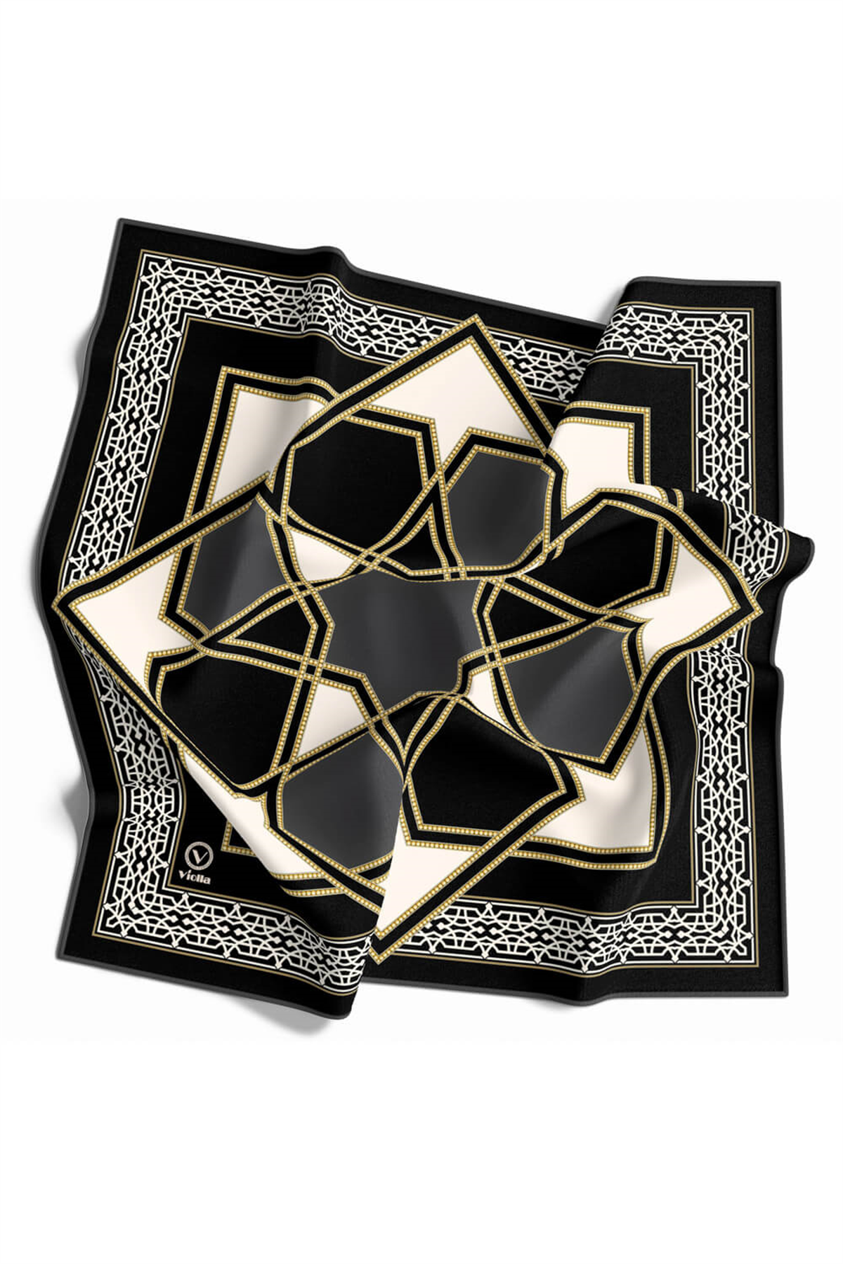 Twill Osmanlı Çini Desenli Füme Renkli 90x90 Eşarp (İpek İçermez)Kenar Dikiş Şekli El Dikişli