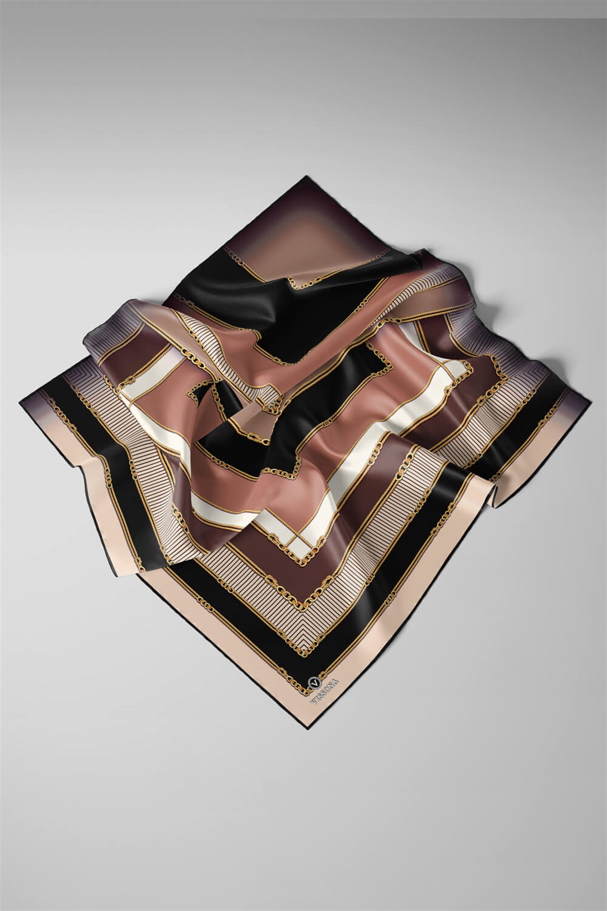 %100 Twill İpek Zincir Detaylı Geometrik Desenli Bej - Vizon Renkli 90x90 Eşarp Dikim Şekli : El Dikişi