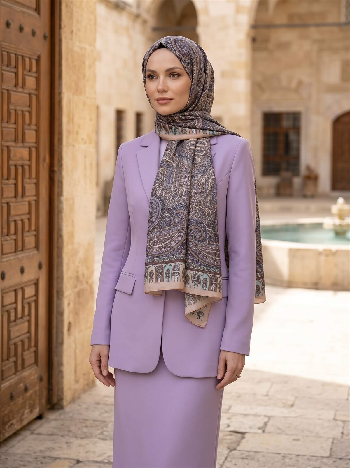 100% İPEK ETRO DESENLİ SOMON RENKLİ ŞAL