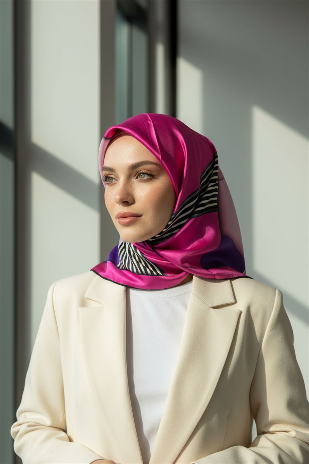 %100 Twill İpek Çizgili ve Geometrik Desenli Fuşya - Mor Renkli 90x90 Eşarp Dikim Şekli : El Dikişi