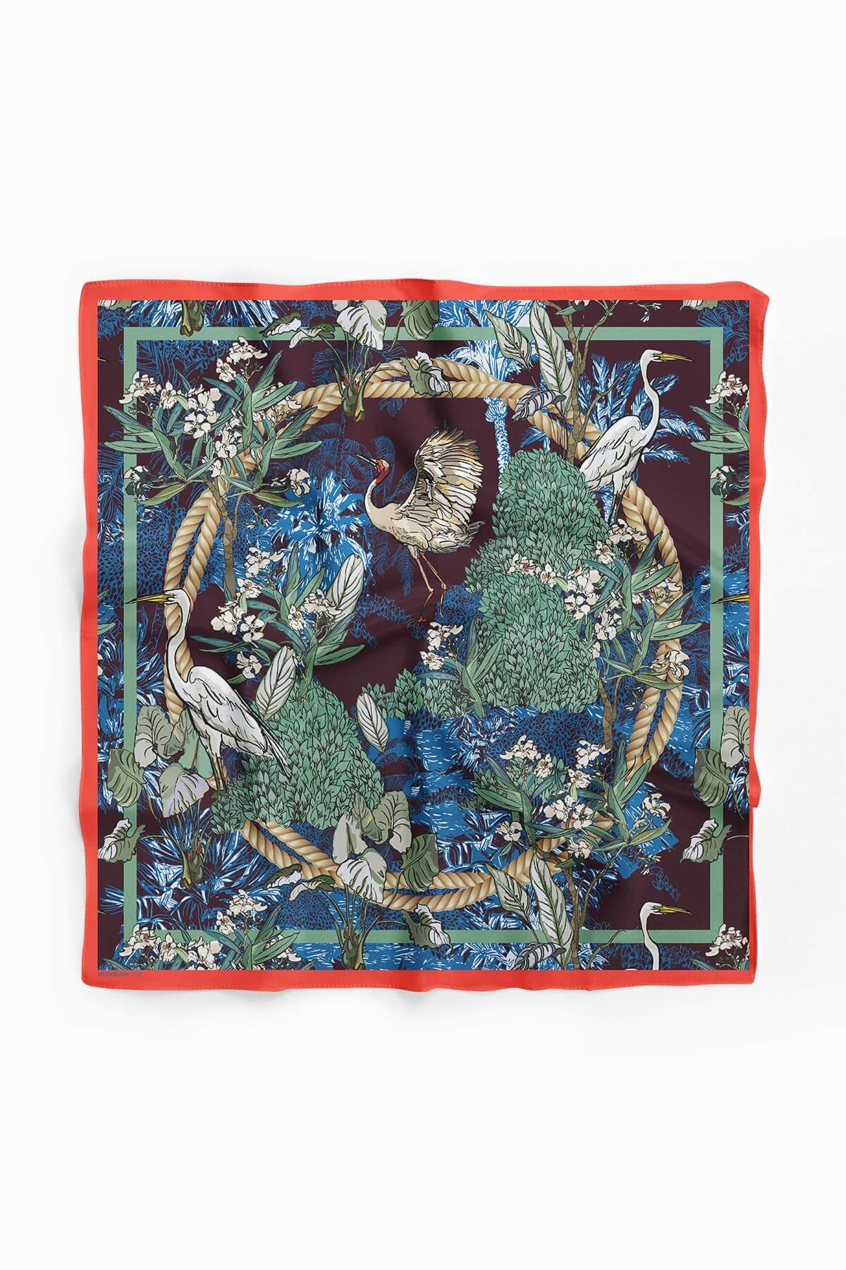 Kadın Beyaz Mat Yeşil Leylek  Desenli 50x50 Bandana HYL DG01132-22