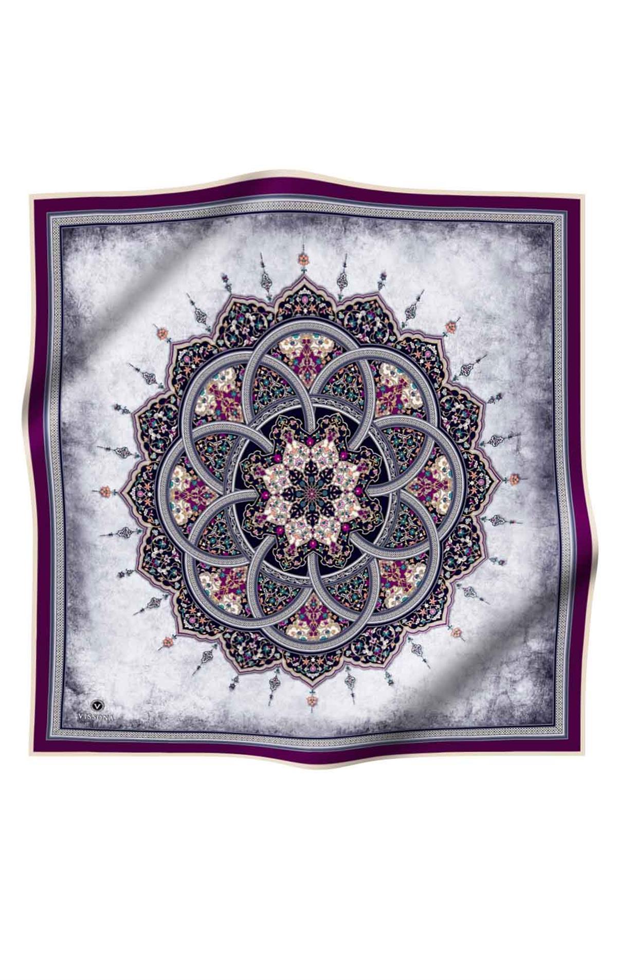 %100 Twill İpek Şal Desenli Mürdüm - Lacivert Renkli 90x90 Eşarp Dikim Şekli : El Dikişi