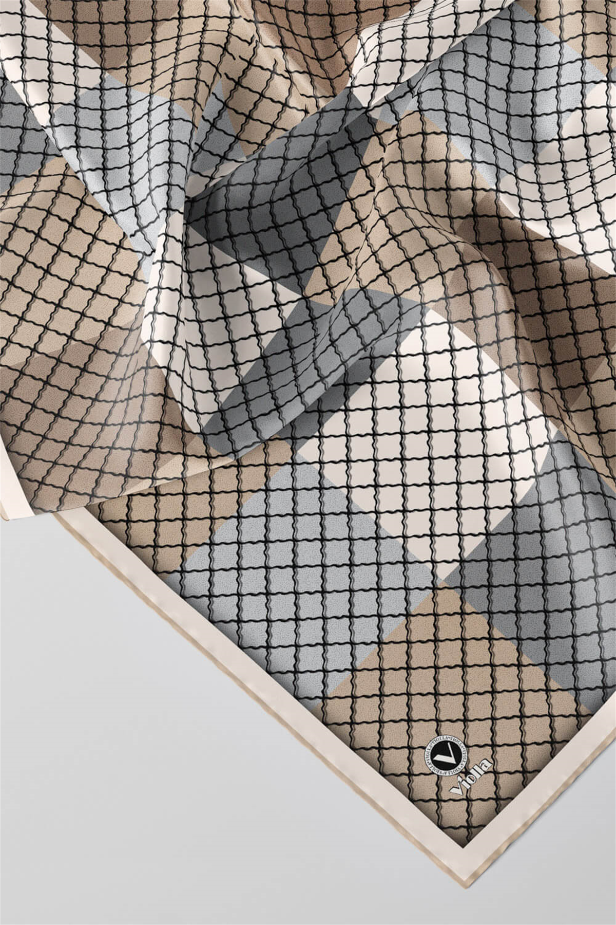 Twill Kare Desenli Bej Renkli 90x90 Eşarp (İpek İçermez) Kenar Dikiş Şekli El Dikişli