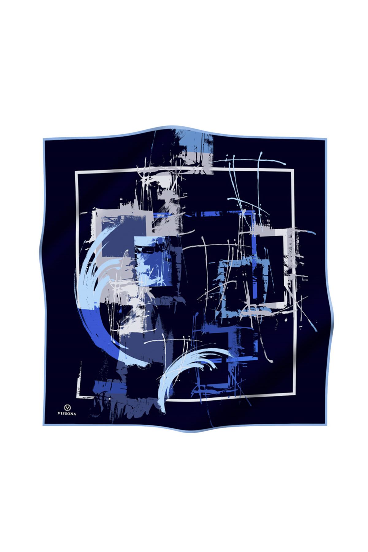 % 57 İPEK % 43 VİSKON Twill İpek Geometrik Desenli Lacivert - Bebe Mavisi Renkli 90x90 Eşarp Dikim Şekli : El Dikişi