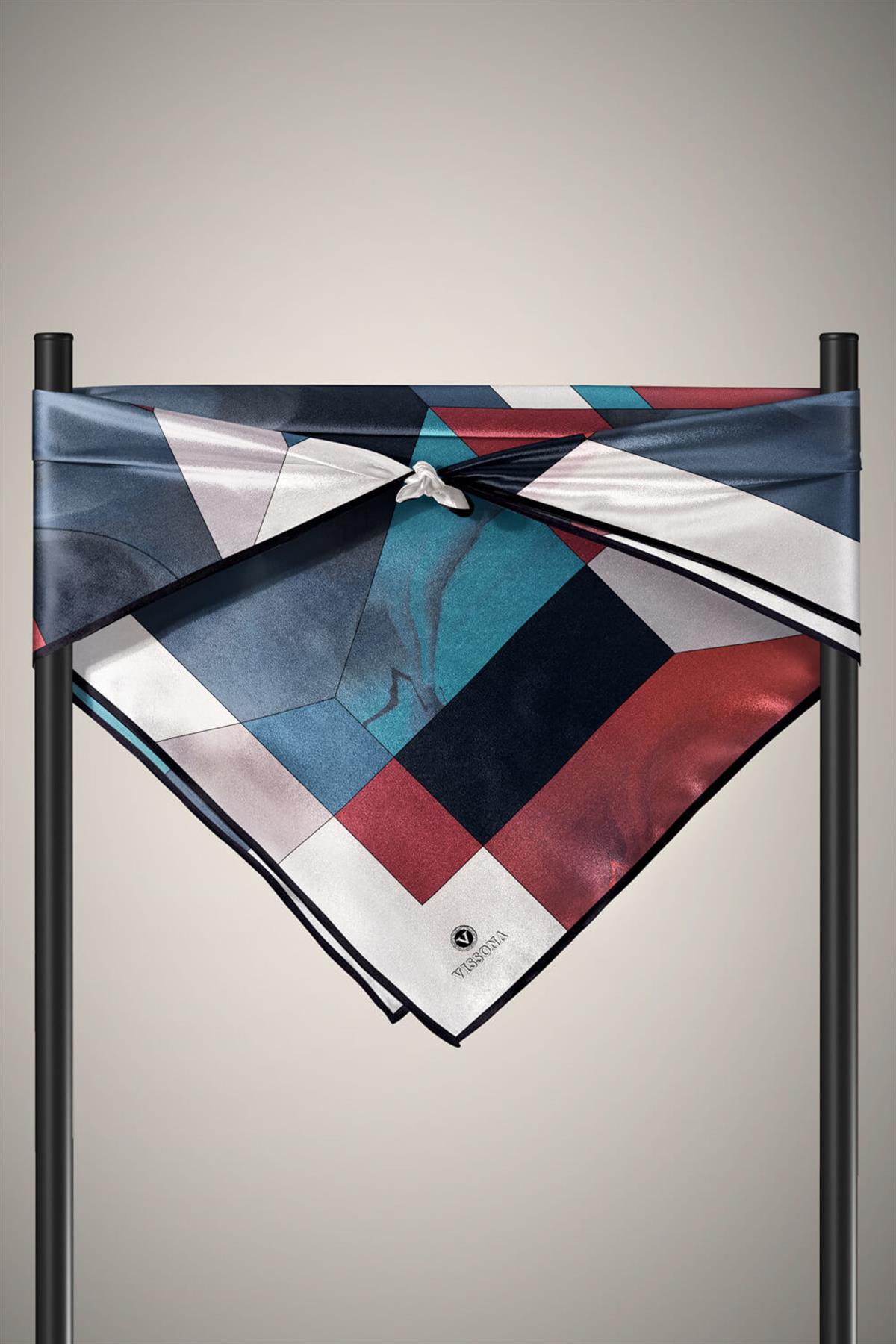 %100 Twill İpek Geometrik Desenli Taba - Petrol Mavisi Renkli 90x90 Eşarp Dikim Şekli : El Dikişi