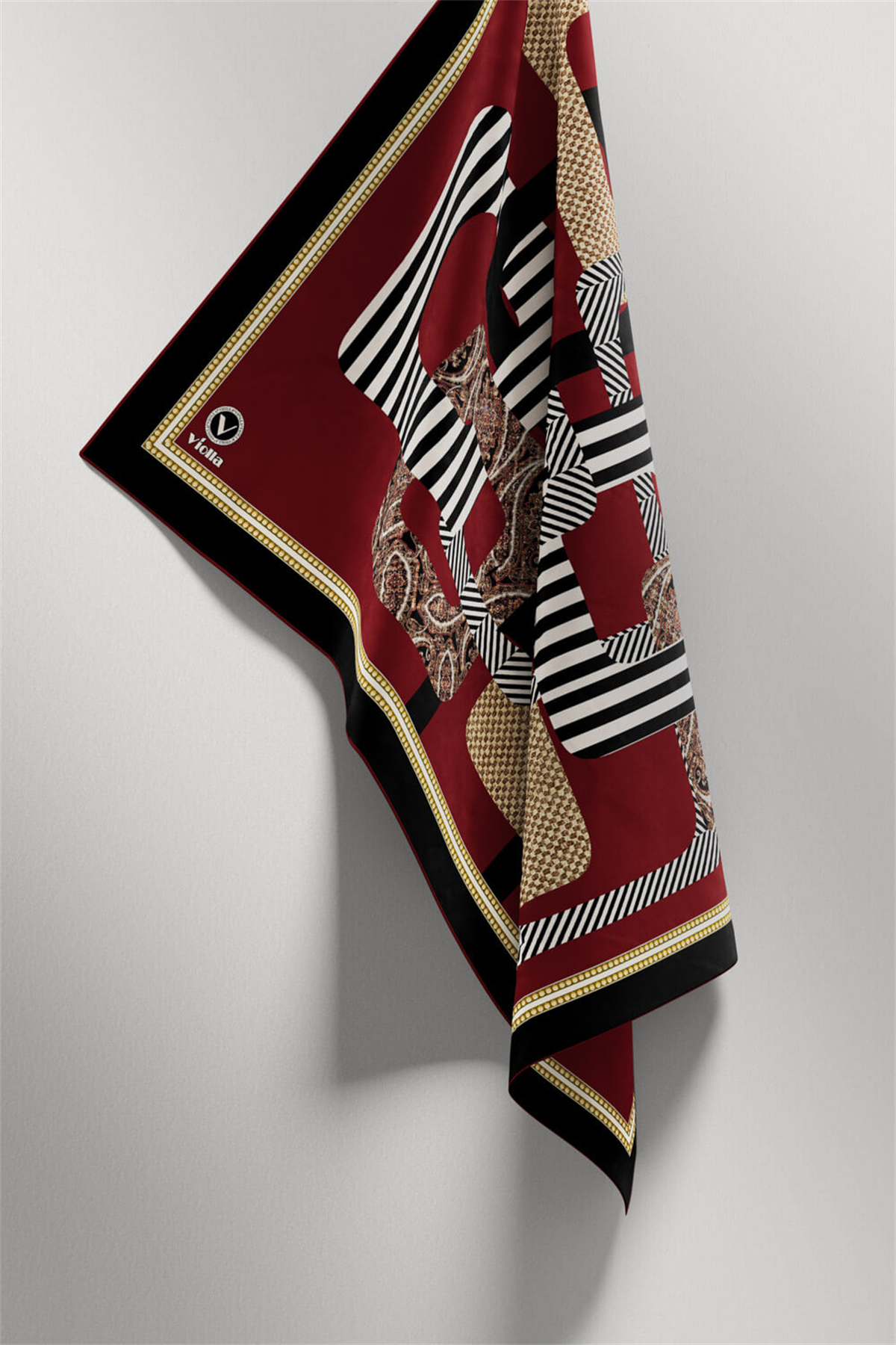 Twill Geometrik Desenli Bordo Renkli 90x90 Eşarp (İpek İçermez) Kenar Dikiş Şekli El Dikişli