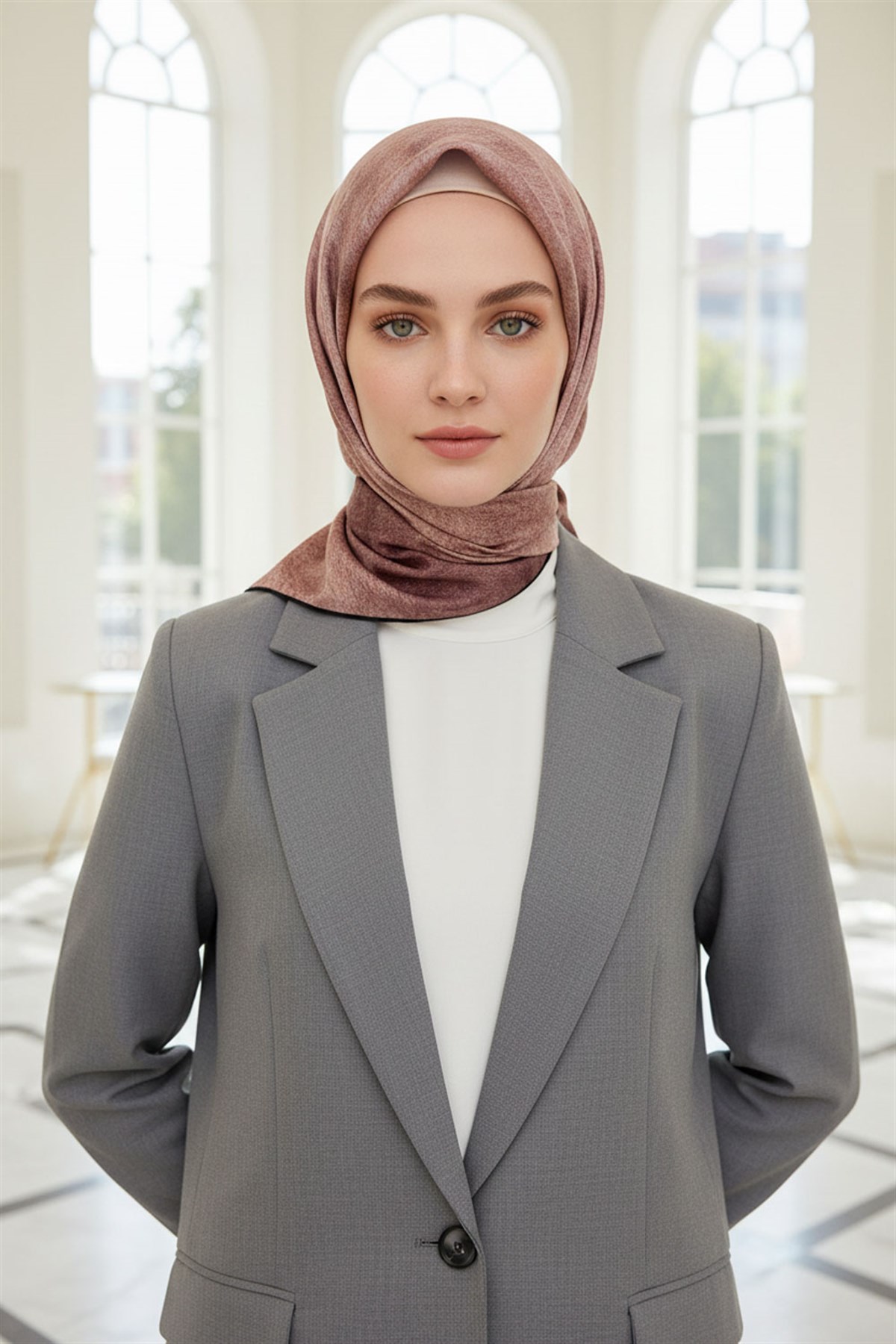 %100 Twill İpek Doku Desenli Pudra Renkli 90x90 Eşarp Dikim Şekli : El Dikişi