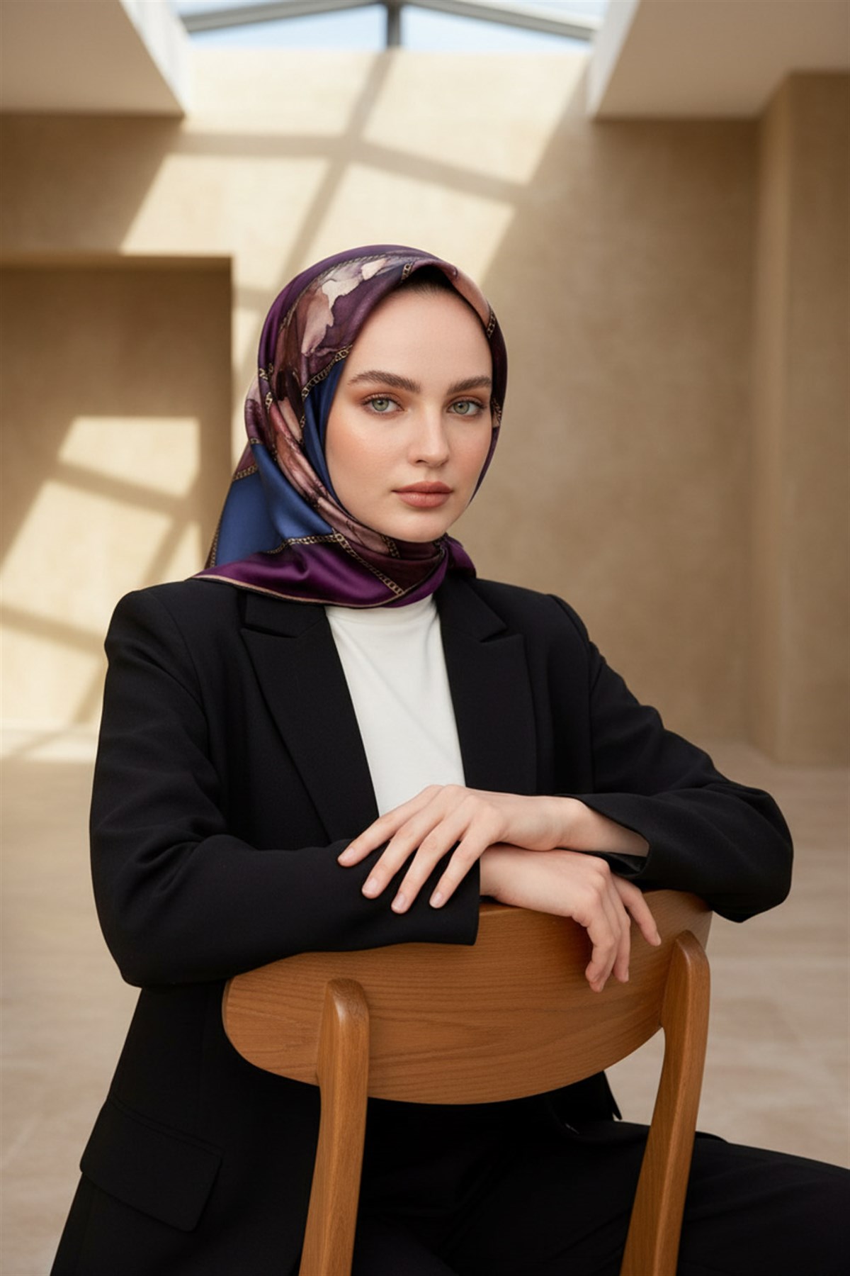 %100 Twill İpek Efektli Bant Desenli Mürdüm - İndigo Renkli 90x90 Eşarp Dikim Şekli : El Dikişi