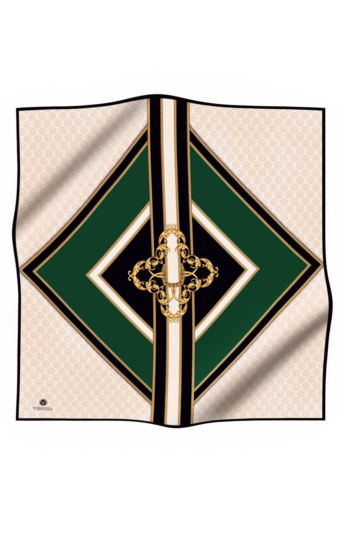 %100 Twill İpek Monogram ve Barok Desenli Zümrüt Yeşili - Krem Renkli 90x90 Eşarp Dikim Şekli : El Dikişi